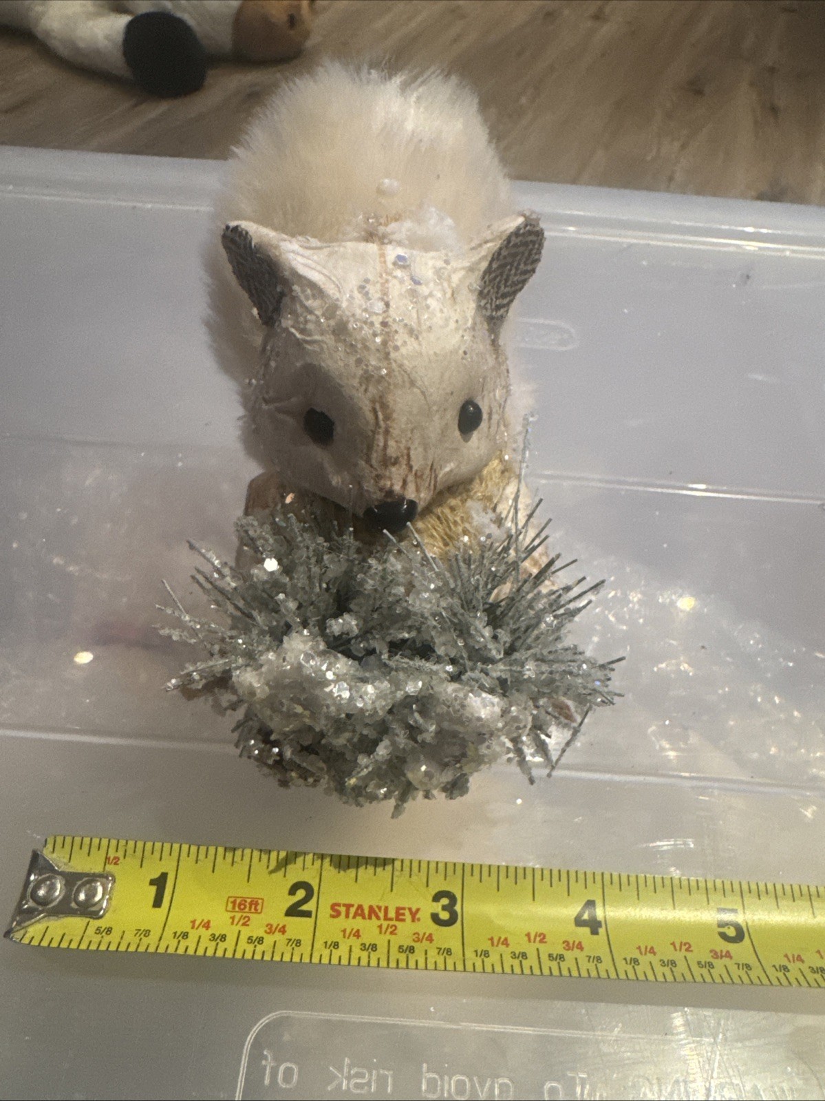 Rustic Squirrel Figurine Holding Frosted Pine Wreath – Winter Woodland Décor ~5”