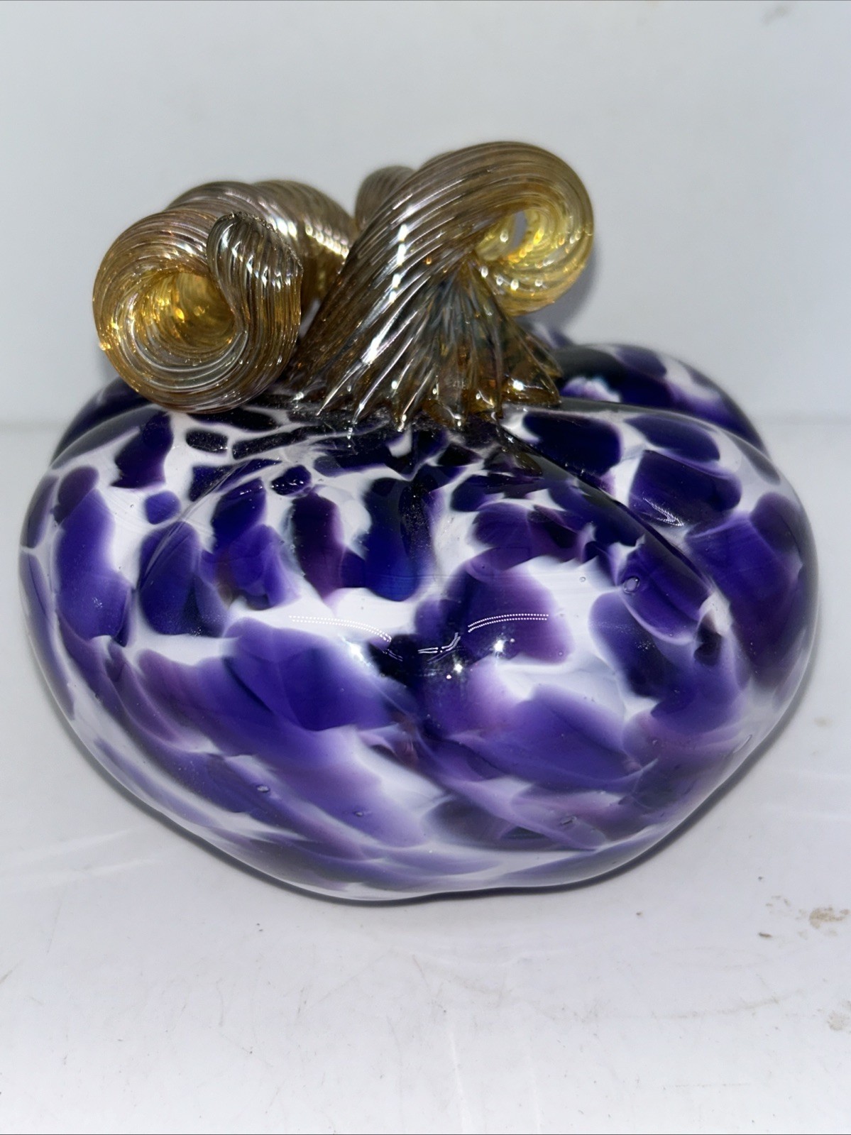 VTG Murano Style Hand Blown Art Glass Purple Pumpkin Curly Stem Paperweight 4.5”