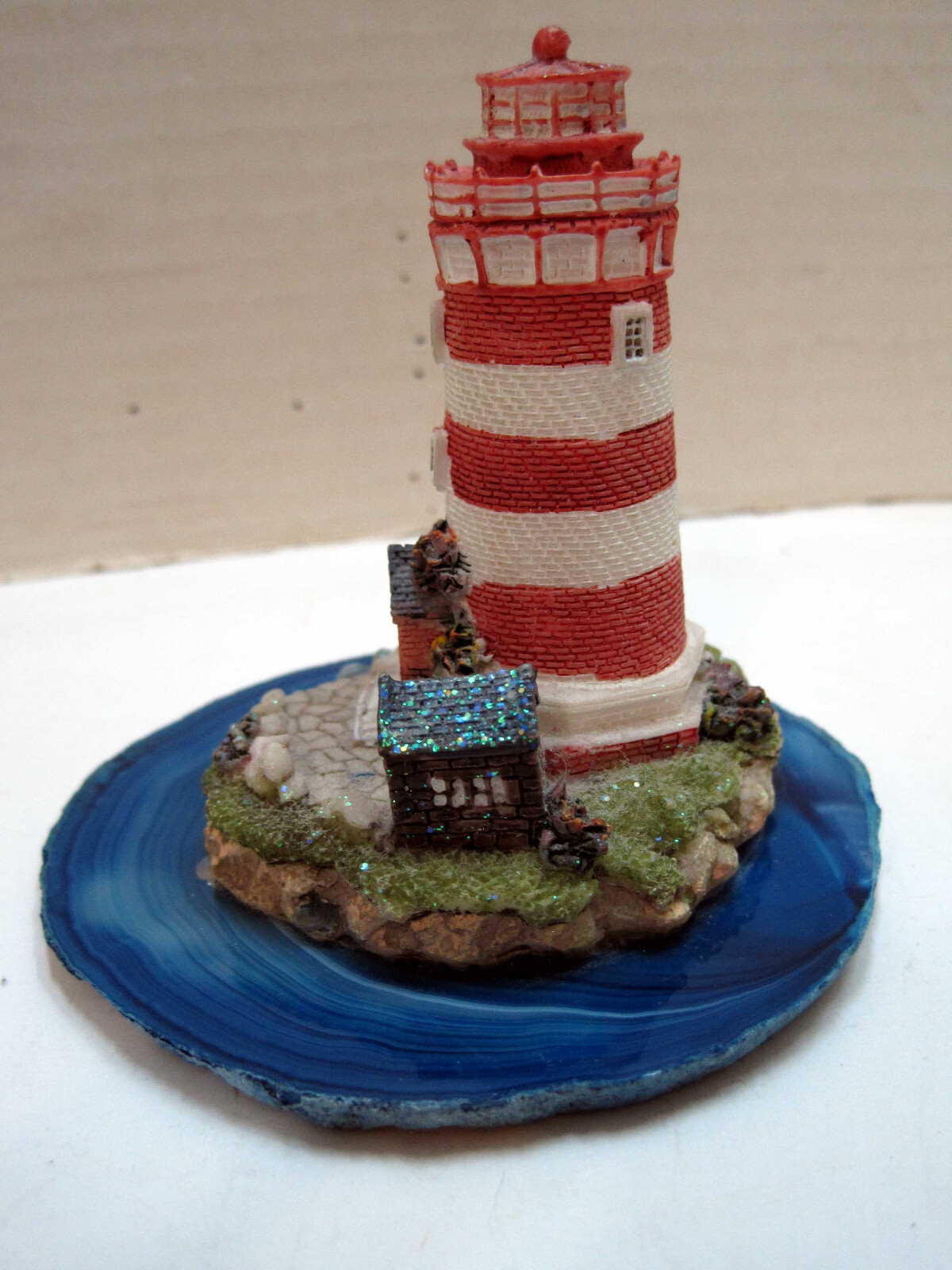 Vintage Lighthouse On Ocean Blue Agate Stone Base Hand Painted Made in Brazil