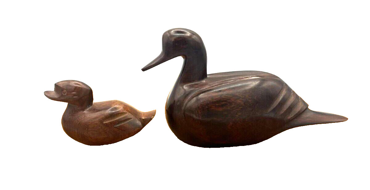 Wooden Duck & Duckling Dark Brown Hand Carved Glossy Sculpted Figurine – Set 2