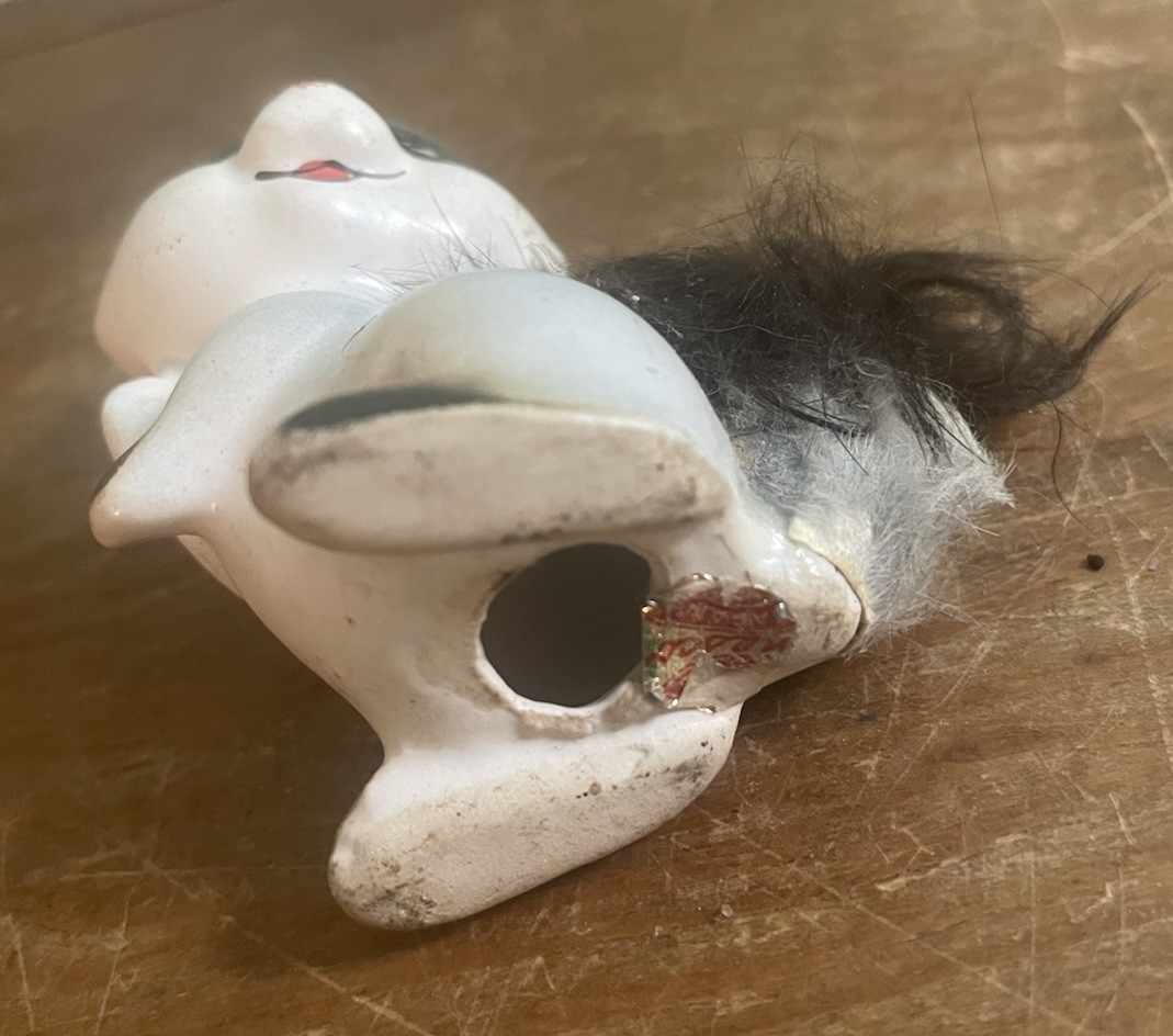 Vintage Enesco Ceramic Raccoon Figurine With Fur 2 3/4 X 3 Chipped As Found