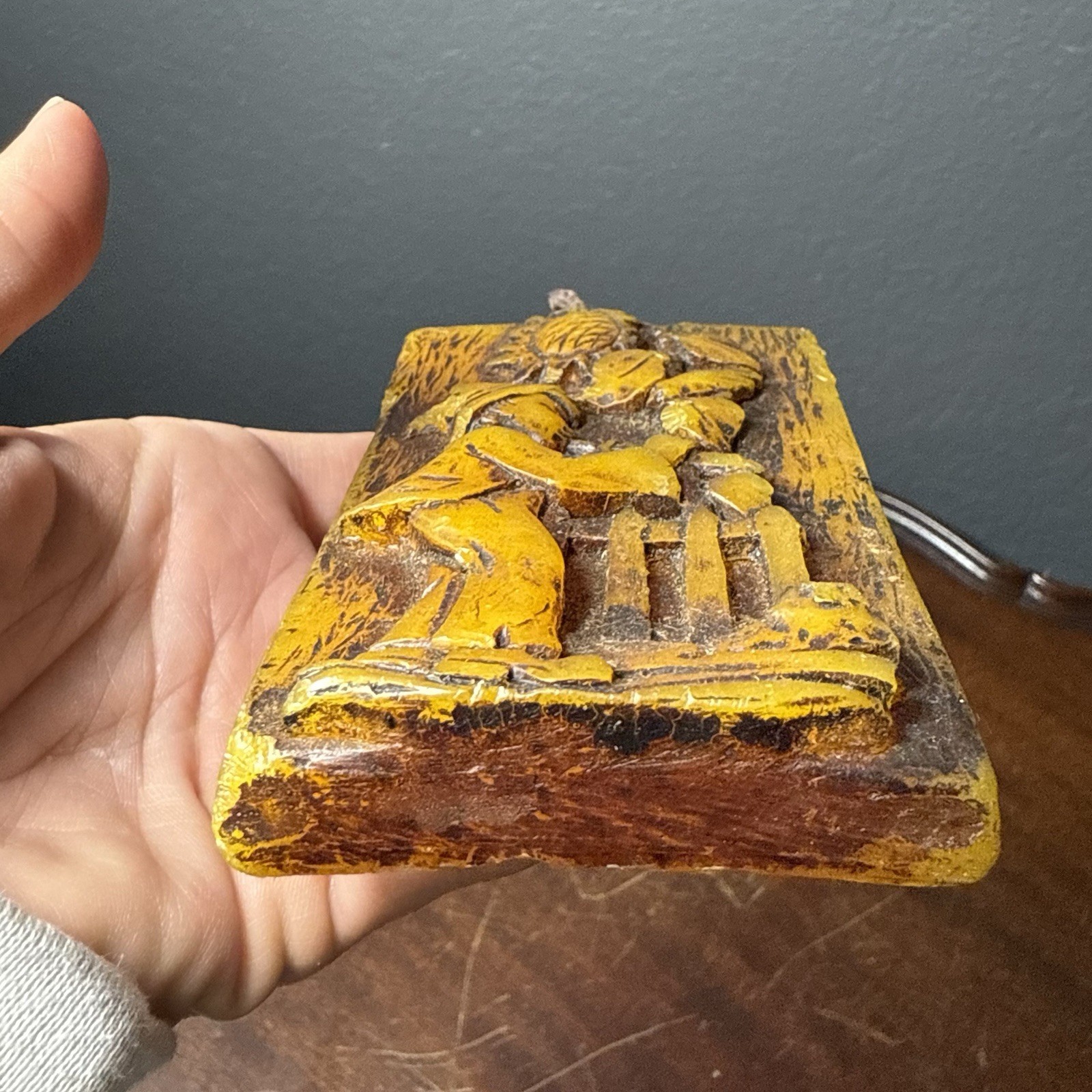 Vintage Hand Carved Wax Wall Hanging 3D Plaque Sunflower Child Decor 4.5″x2.5″