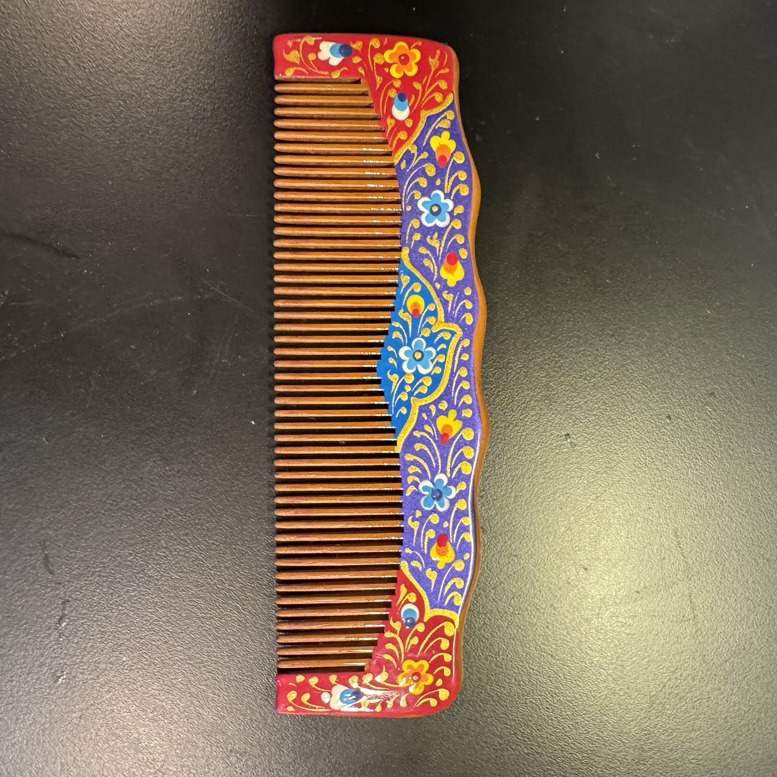 Handmade Folk Art Painted Wooden Comb Multicolored