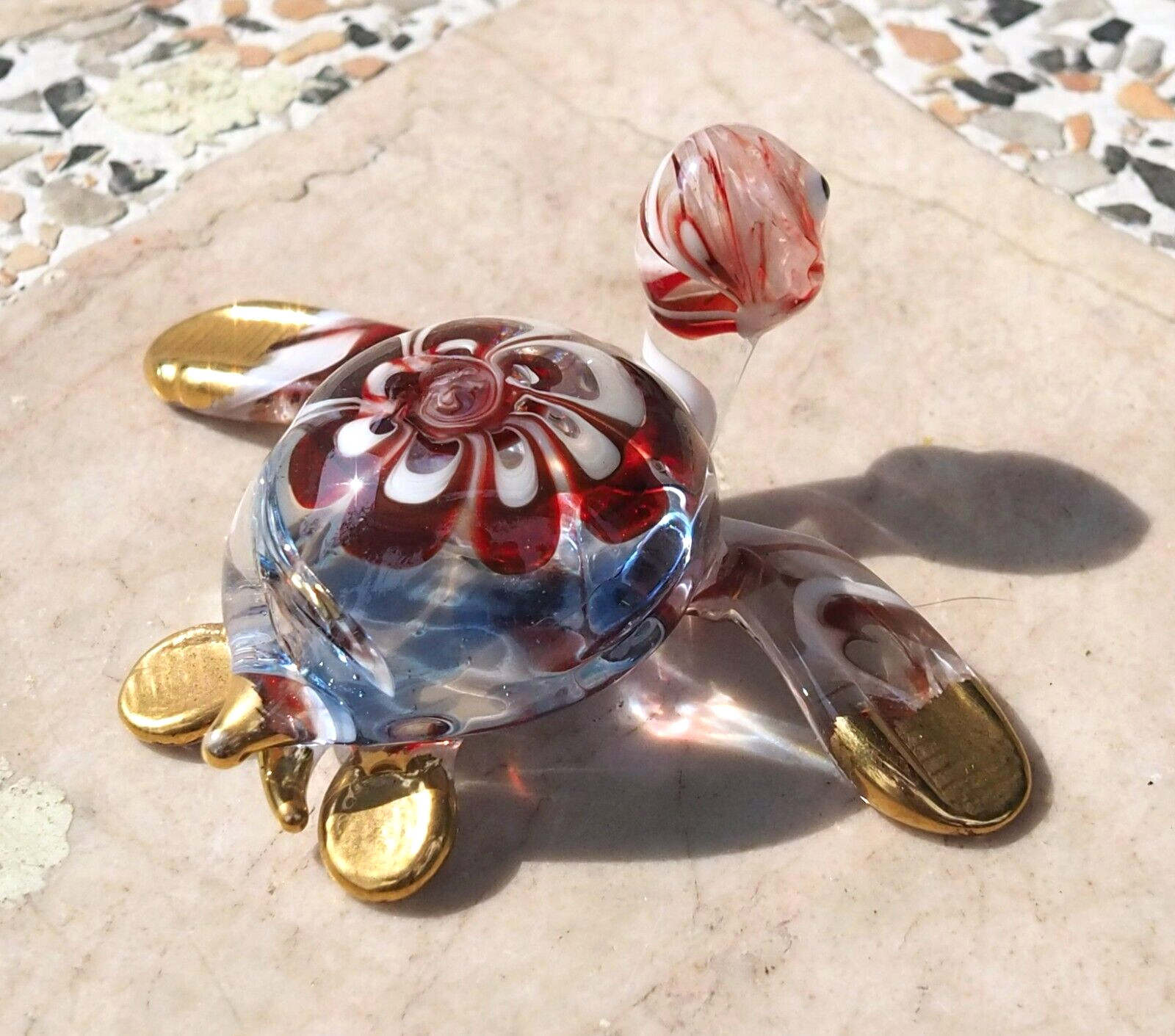 Sea Turtle figurine blue maroon hand blown Glass art gold trim 3.25″ decor GIFT