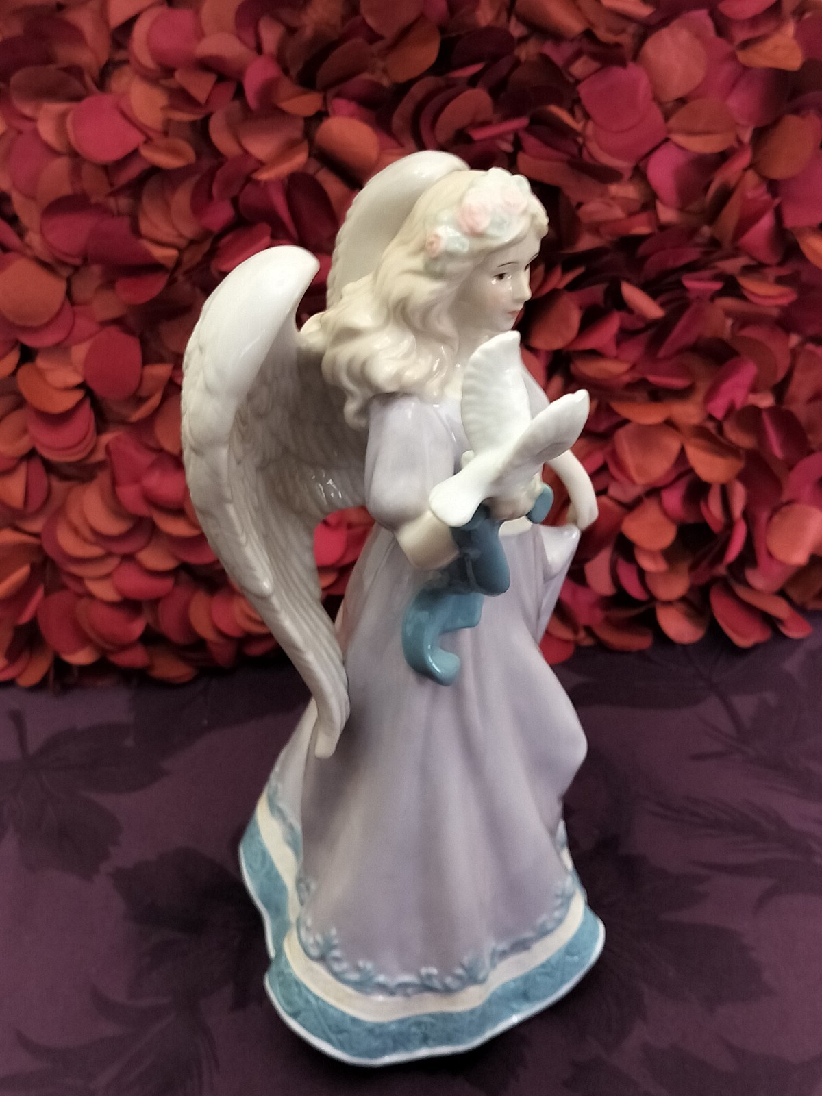 Angel W/ White Dove In Beautiful Lavender Dress. Porcelain 9-3/4 Inches Tall