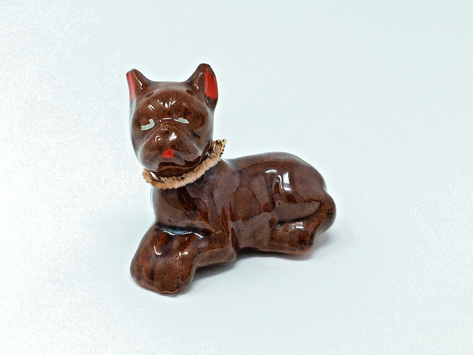 Brown Redware Clay Ceramic chained Dog Figurine painted face vgc
