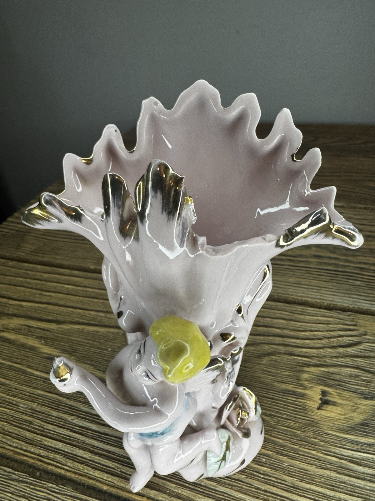 Vintage Porcelain Cherub Vase Ruffled Lustre Rim Silver Gold Angel Figurine