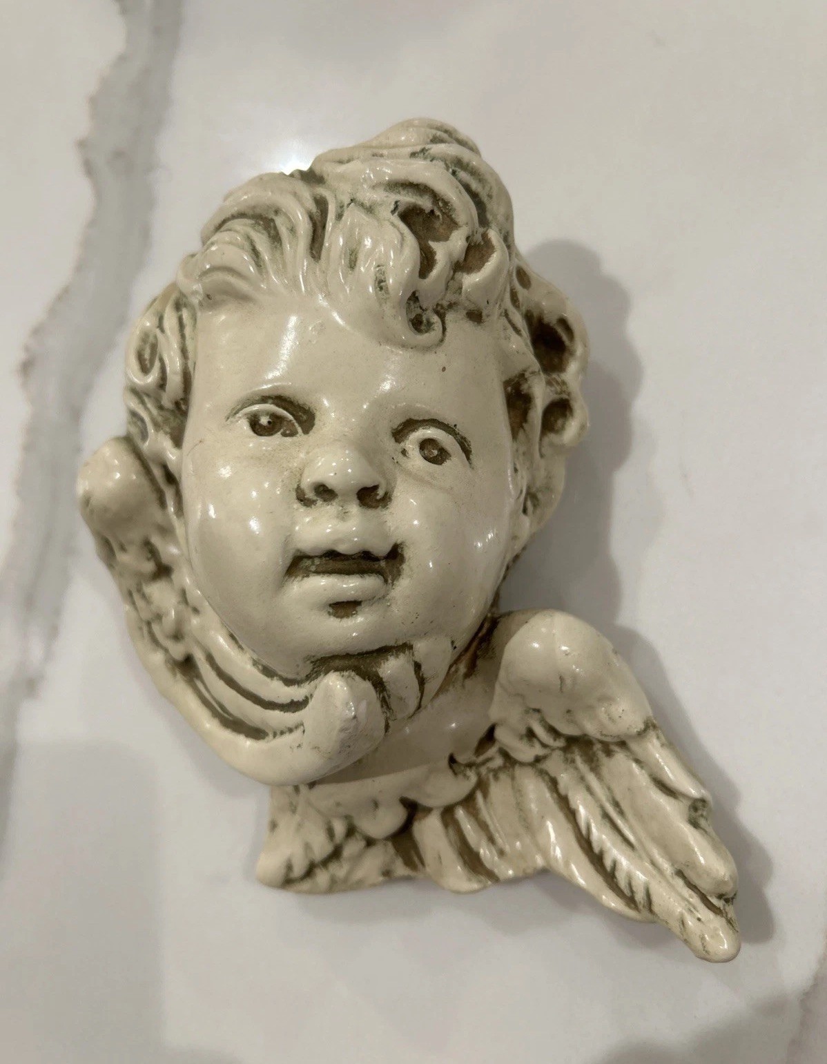 Vtg Angel Cherub Head W/ Wings Plaster Chalkware Wall Hanging Plaque Baroque
