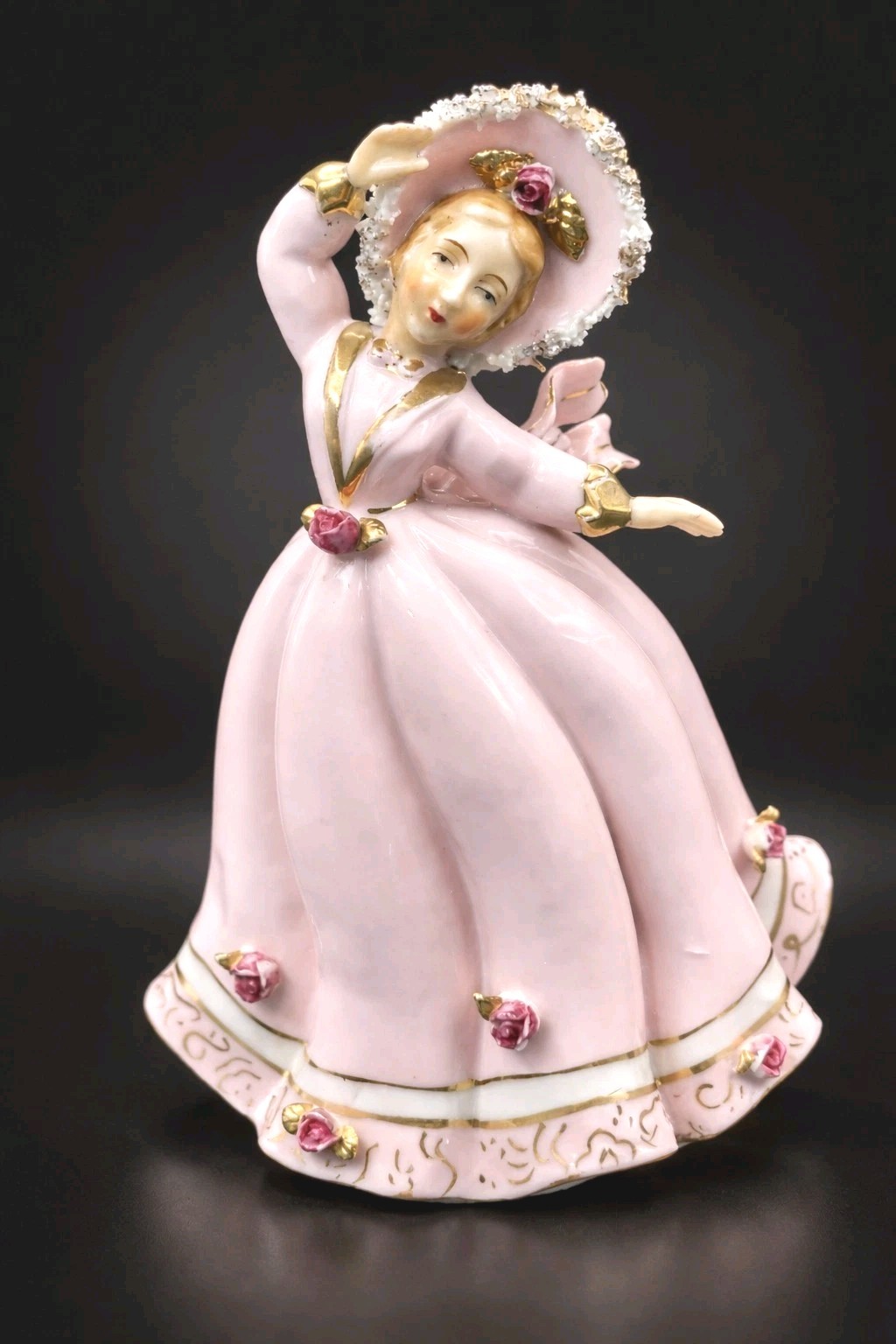 Vintage Lefton Windblown Girl Figurine Pink Dress Gold Trim 1955 KW386 Japan
