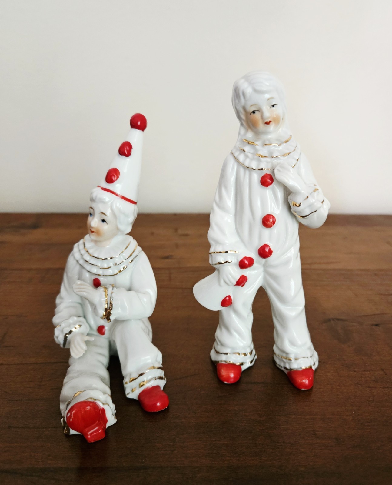 Pair, Set of 2 Porcelain Pierro: All White w Red & Gold Trim Clowns, Rosenthal?