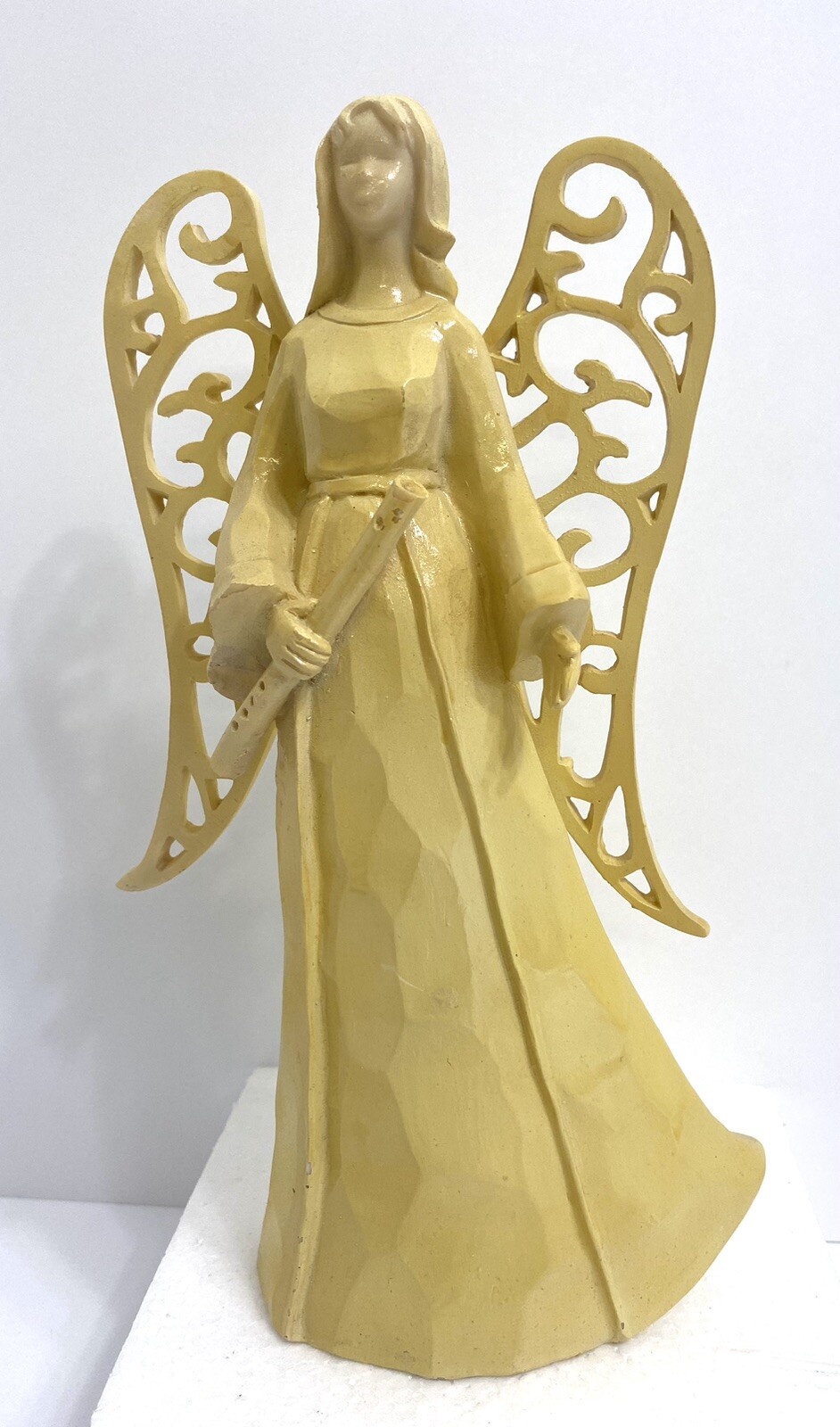 Angel Yellow Resin Angel Figurine Holding Flute 9”x 5” Glazed Religious Statue