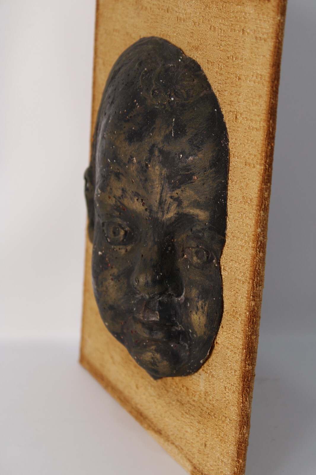Antique Hand Made Painted 3-D Sculpture Head Of Boy Made Of Plaster On Board