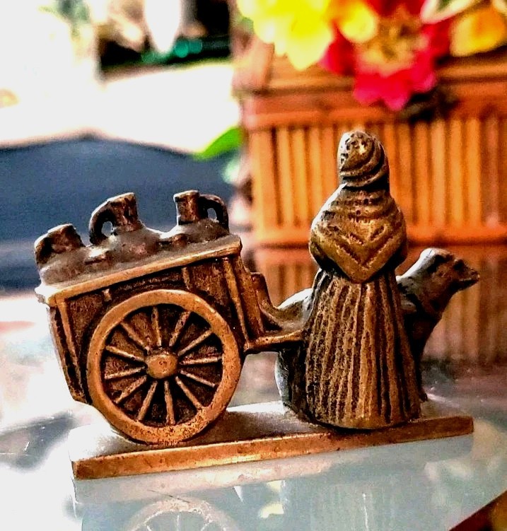 Dog Pulling Milk Cart Handmade Cast Bronze Heavy Marked YPRES Rare Vintage