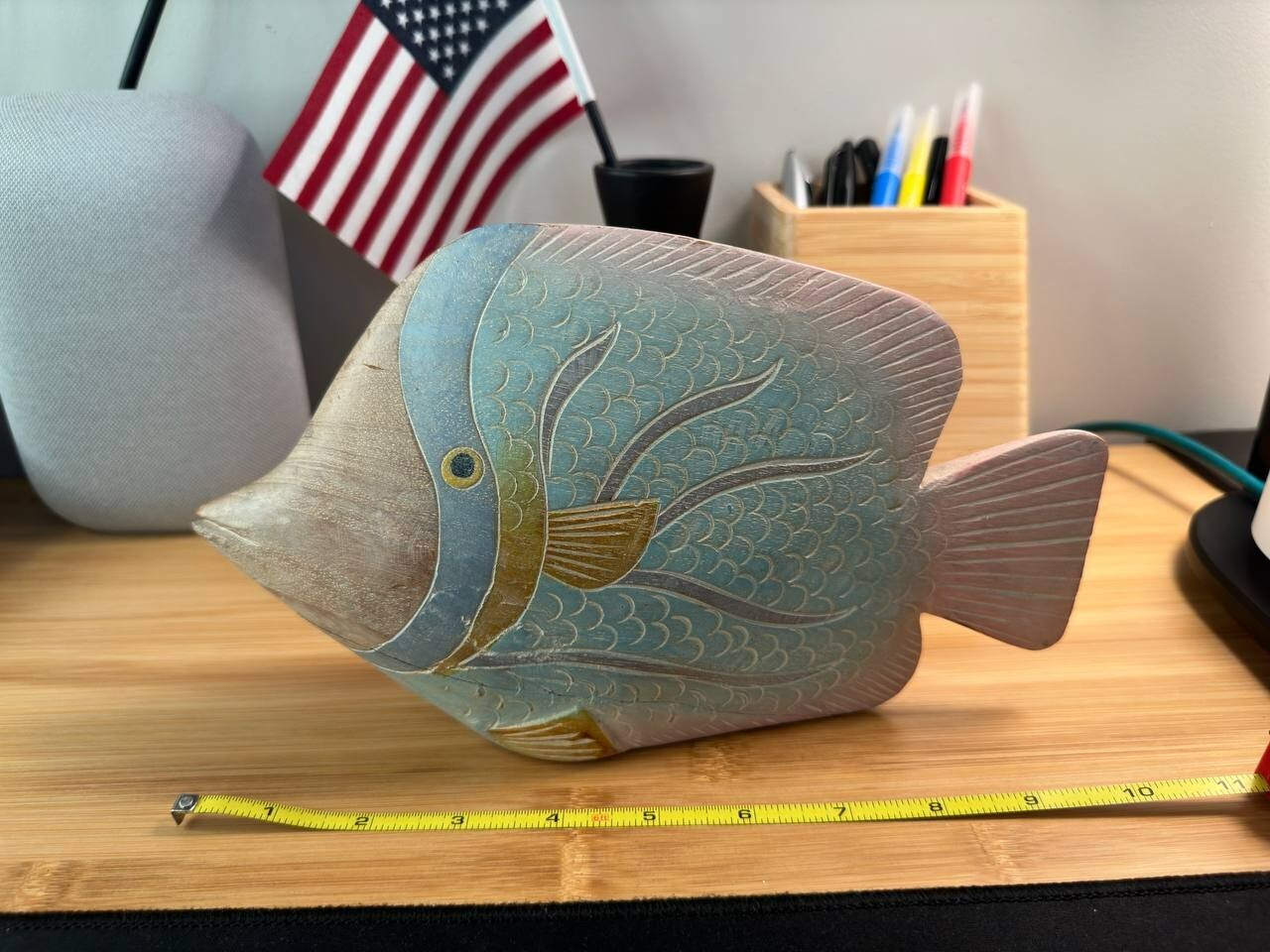 Vintage 1980s Teakwood Tropical Fish Sculpture Painted in Pastel
