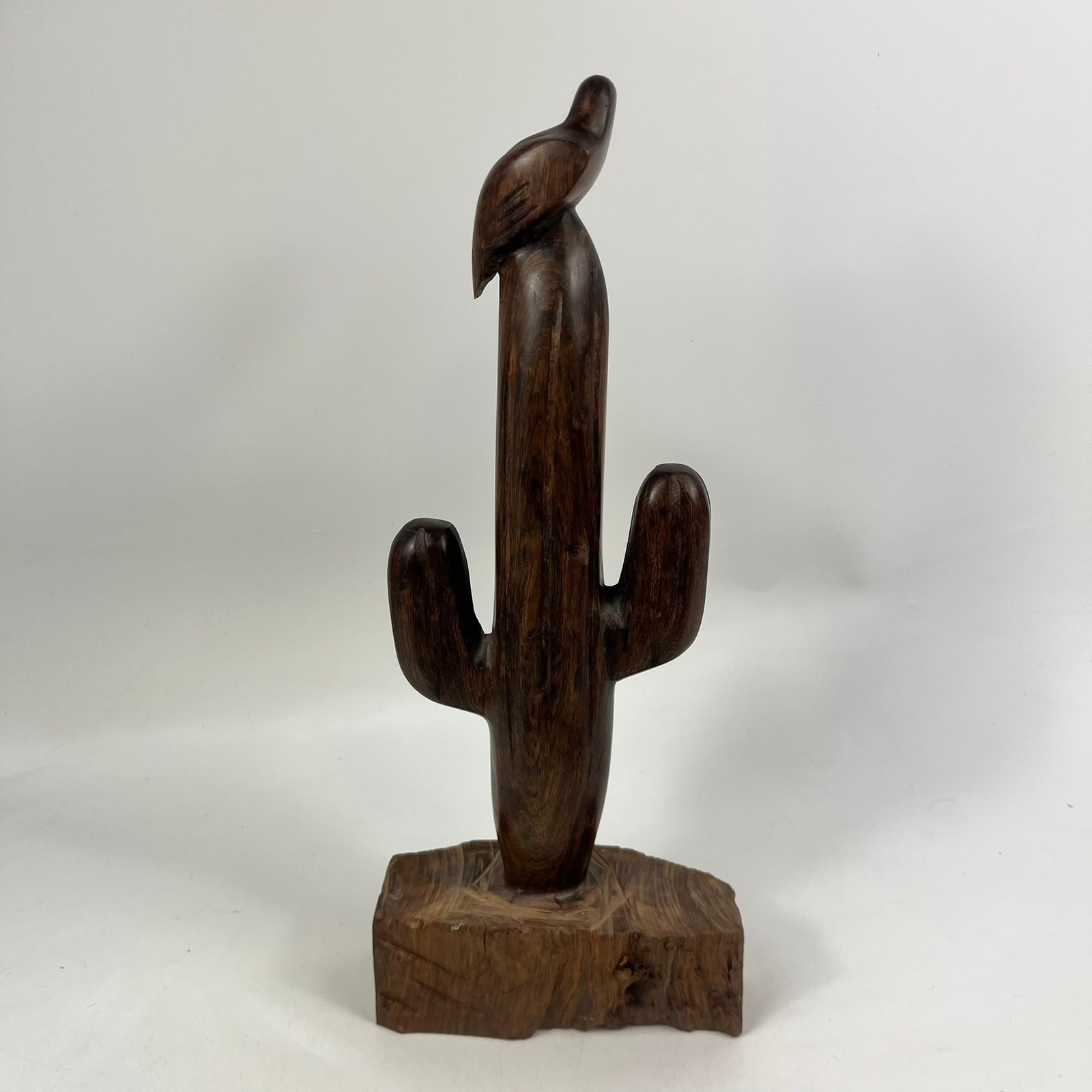 Vintage Mexican Ironwood Saguaro Cactus Bird Sculpture Hand Carved 15in Folk