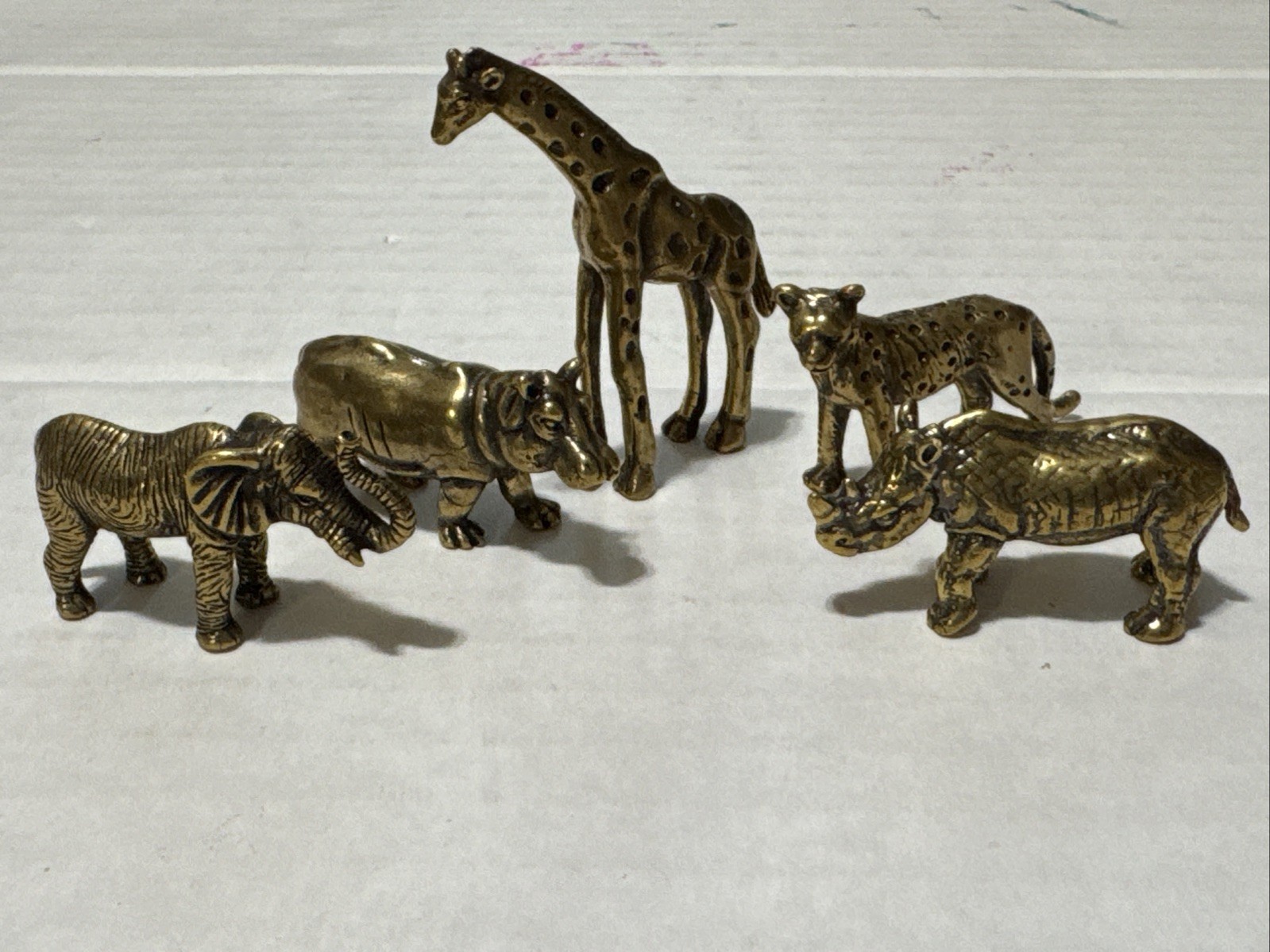 Solid Brass 5 Pcs African Safari Animals Giraffe Elephant Rhino Leopard Hippo