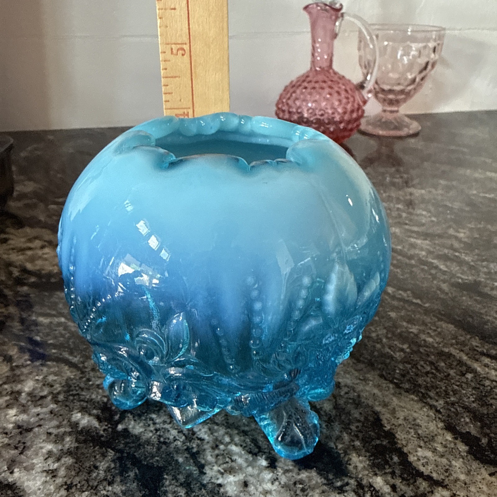 Vintage English Sowerby Blue Opal Piasa Bird Opalescent Glass Rose Bowl