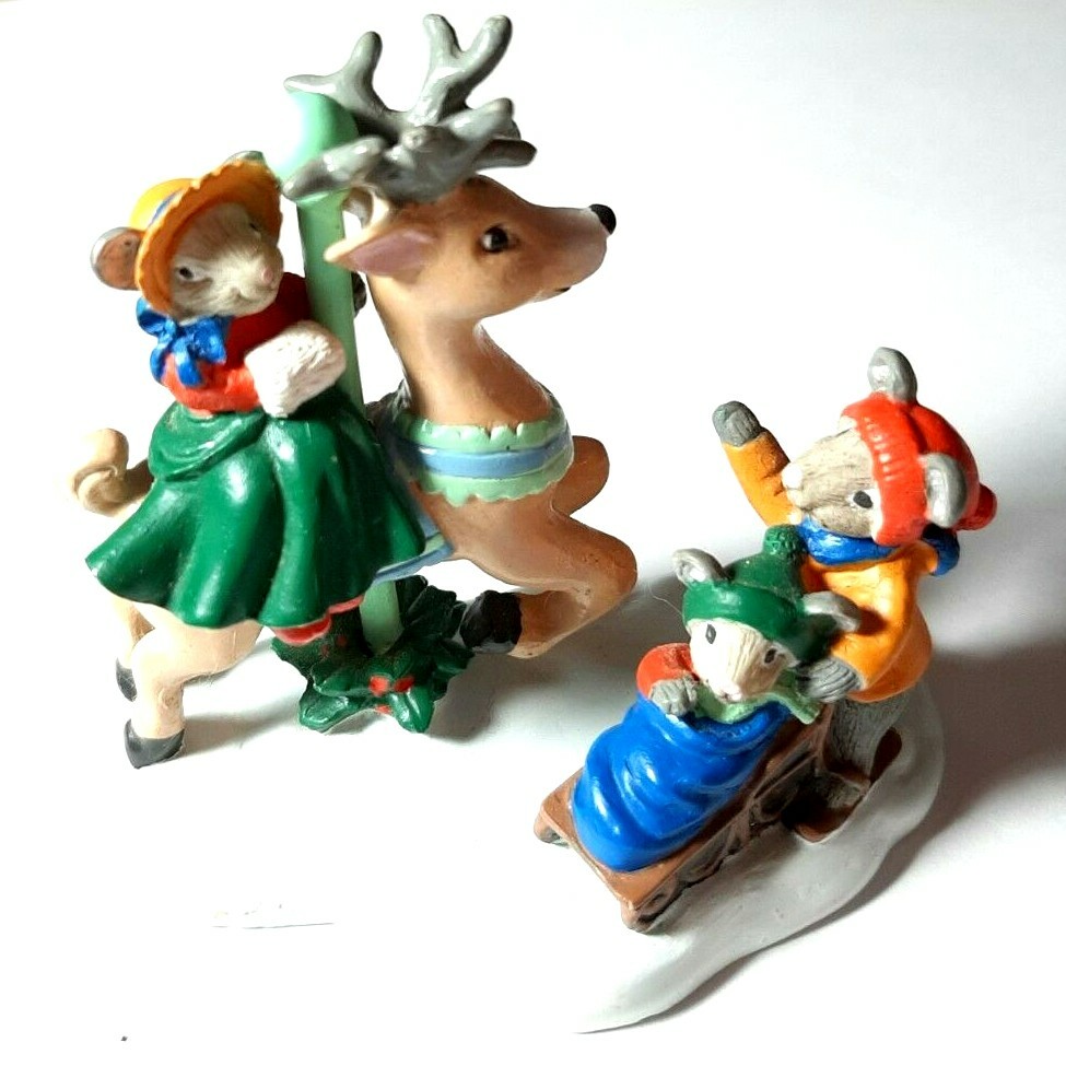 1993 Vintage Kathy Jeffers Avon Carousel Reindeer Mice Winter Christmas Ornament