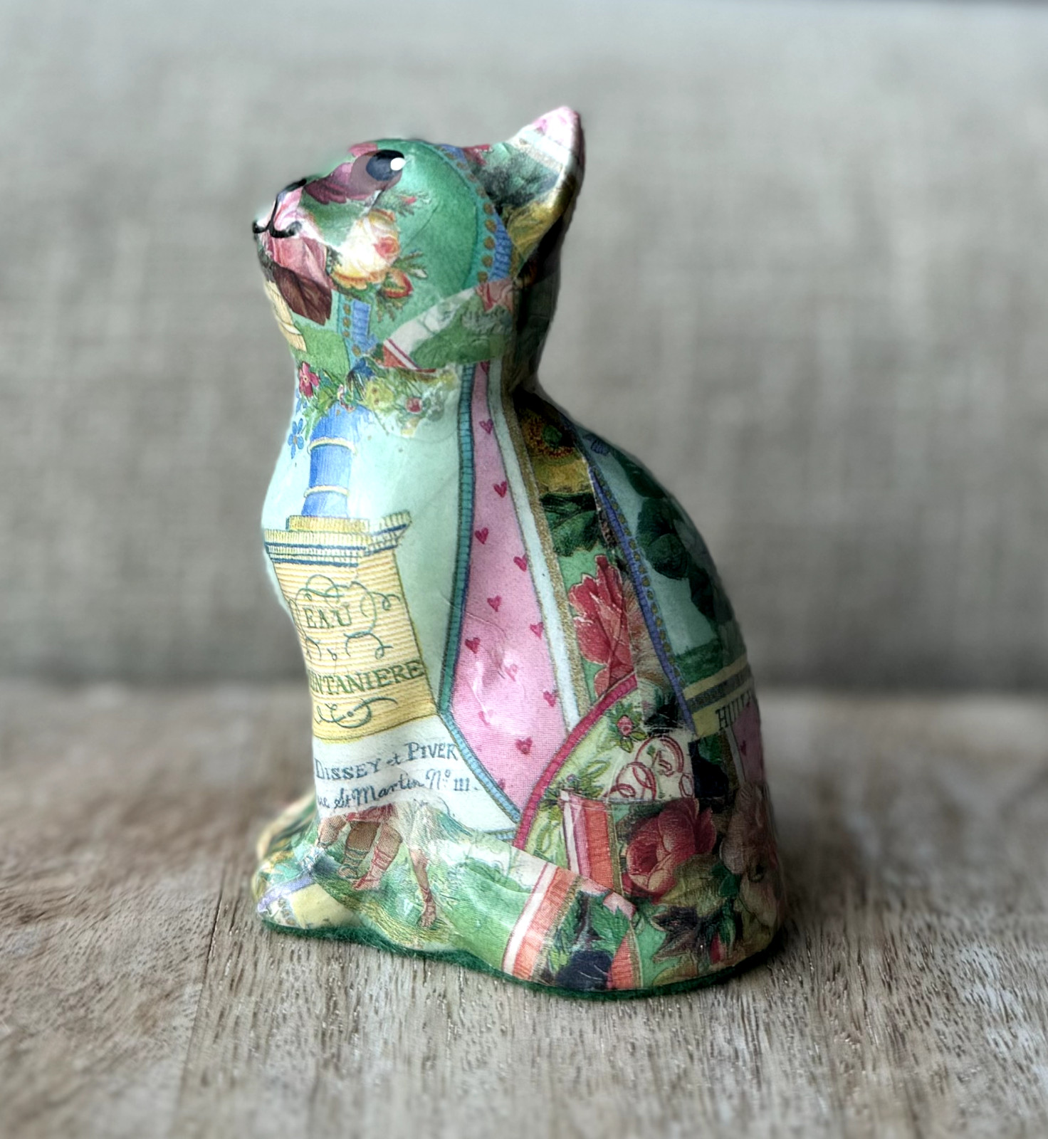 Linda Edgington Designs Decoupage Porcelain Floral Multicolor Cat Canada Vintage