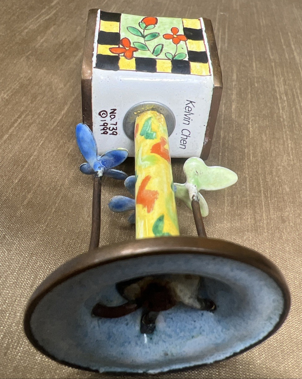 Vintage Kelvin Chen Handpainted Copper Enamel Bird House Trinket Box 1999