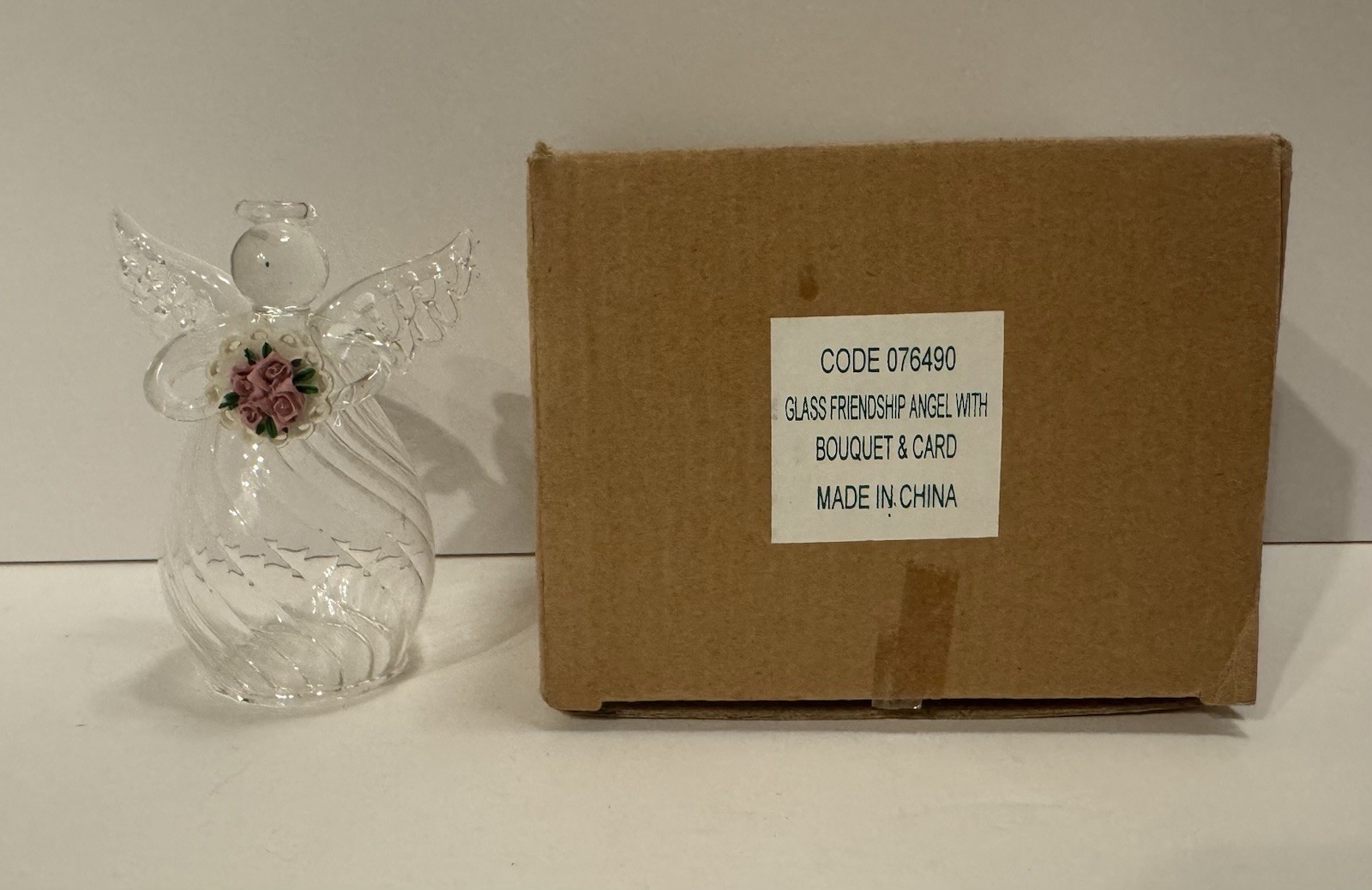 Glass Friendship Angel with Bouquet & Card, Pink Flowers (Original Box Included)