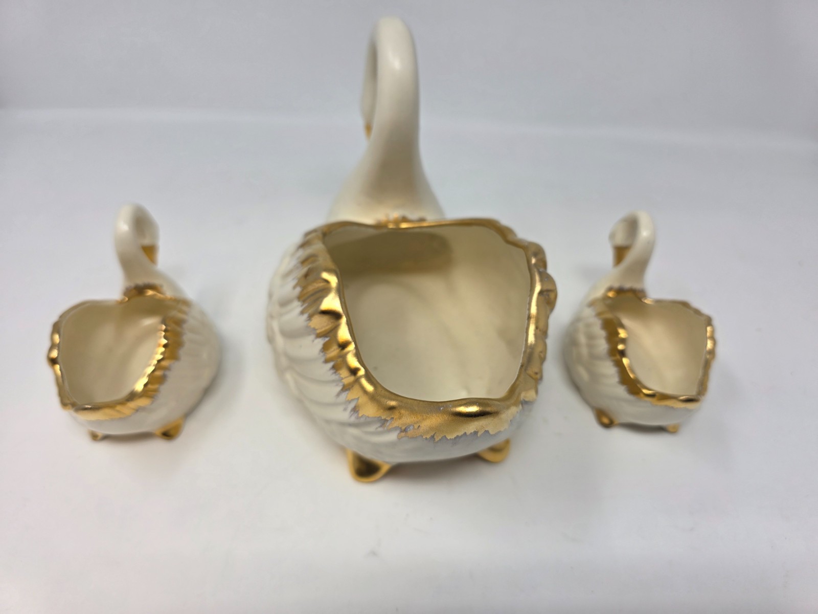 Vintage 3 Pc White Ceramic Swan Planter Set 24 KT Gold Trim Made In USA