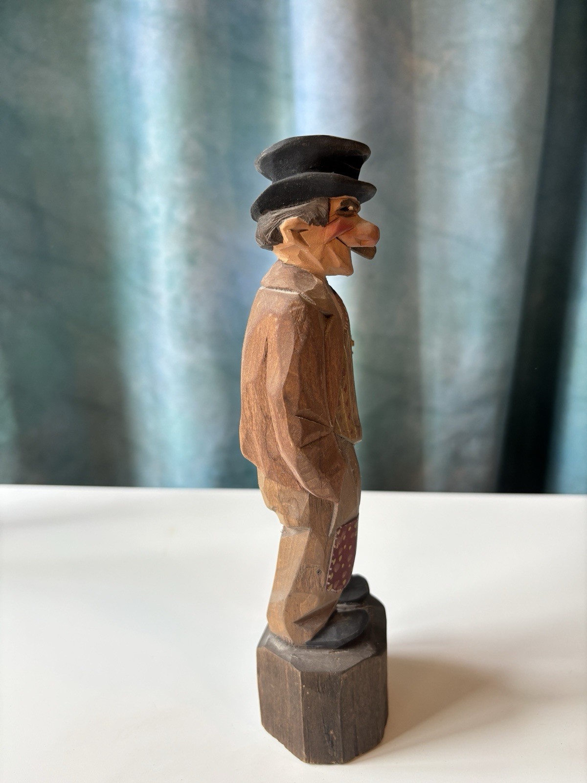 Vintage Carl Johan Trygg Hand Carved Man w/ Top Hat and Flower on Base 8 in
