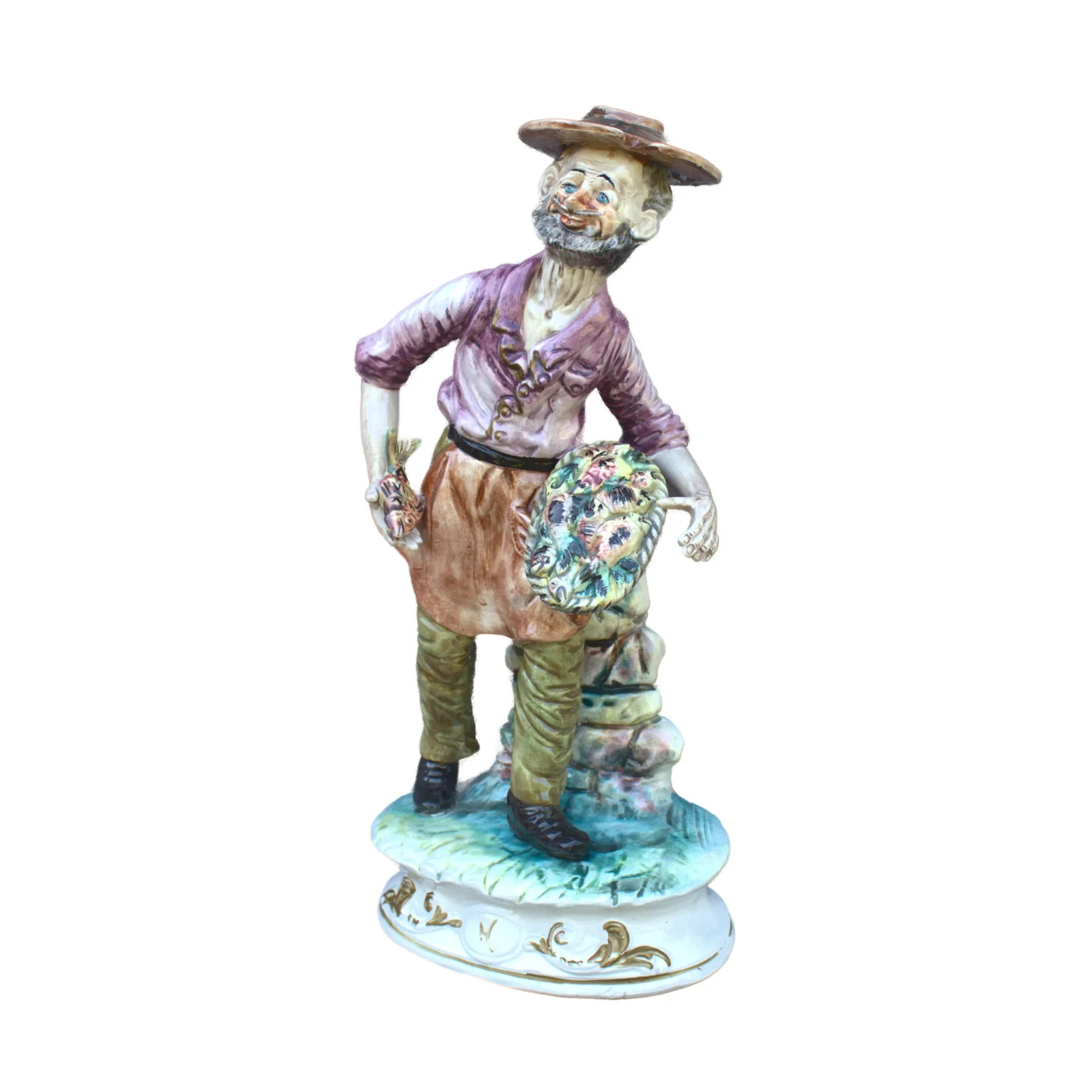 Vintage large statue of a man with fish 15″ in porcelain Capodimonte 37 cm Italy
