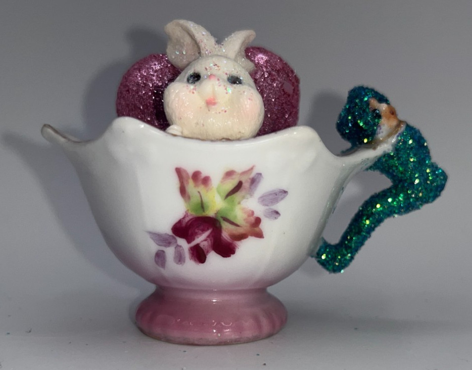 Vintage Valentine’s Day Miniature Bunny in Teacup w/ Pixie & Glitter Heart OOAK