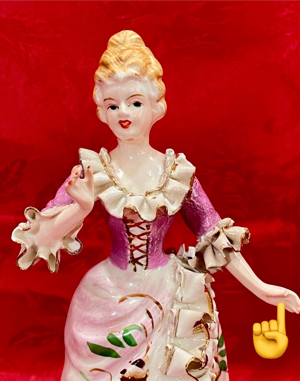 VTG Porcelain Victorian Lady Figurine in Period Dress Japan 7.5”-H, See Photos