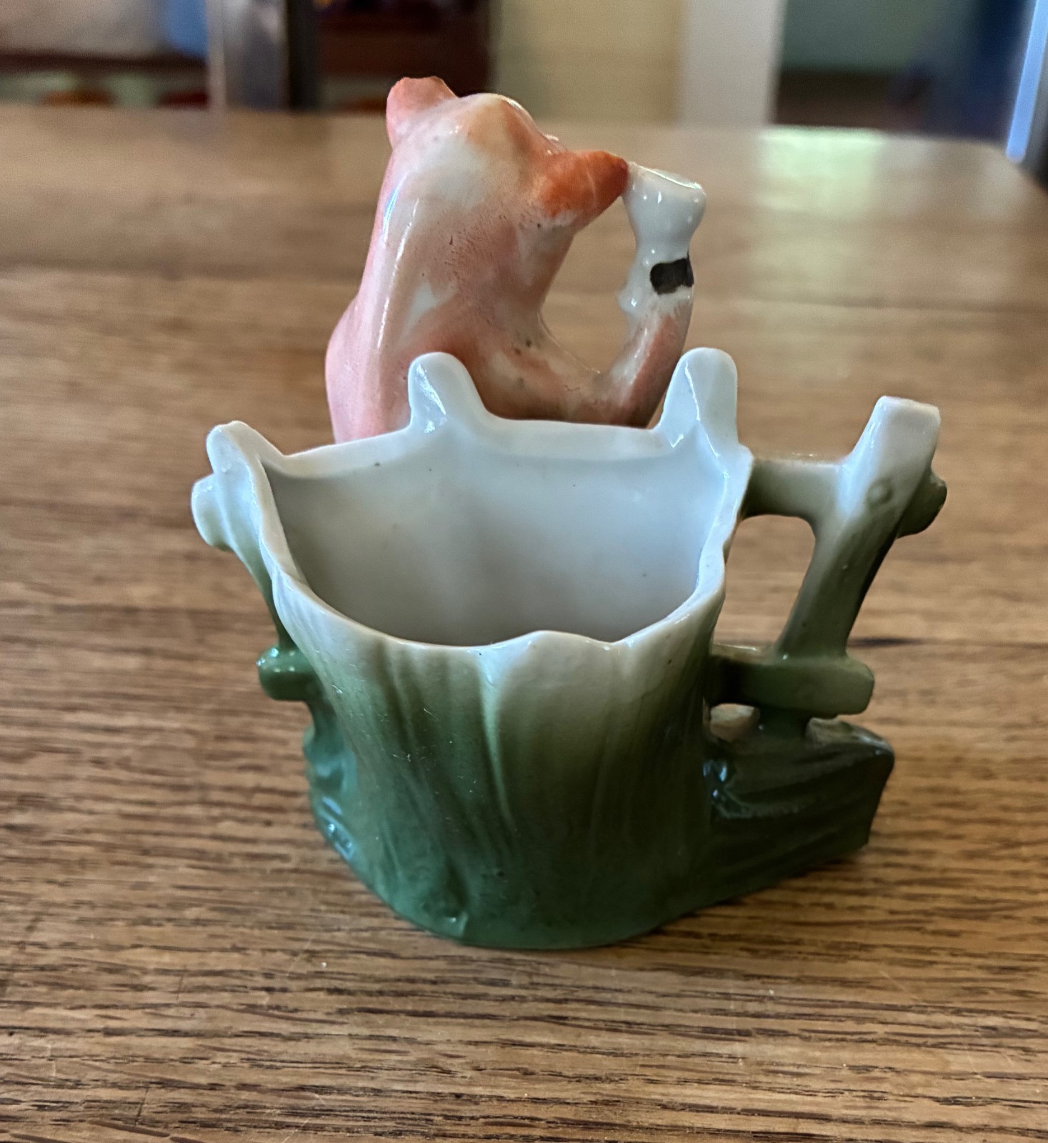 Antique German Fairing Pig Figurine Drunk Pig w/ Cup & Pipe Leaning on Fence