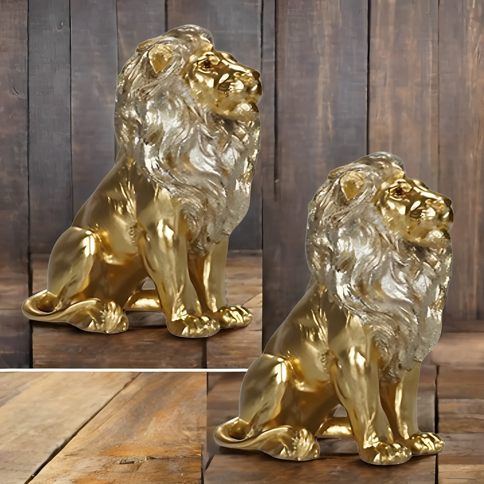 2-PC Gift Set 8″H Golden Lion Sitting Figurine Ornament Home Decor Unique Gift