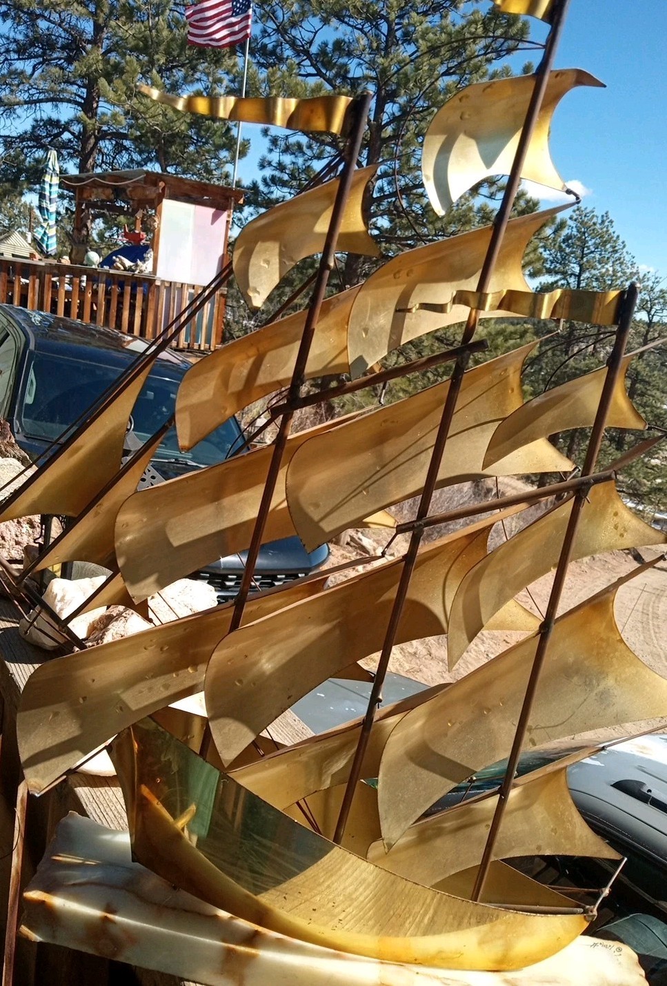 Vtg MCM Sculpture Sailing Ship DeMott Brass Copper Brutalist Signed Onyx 21.5″