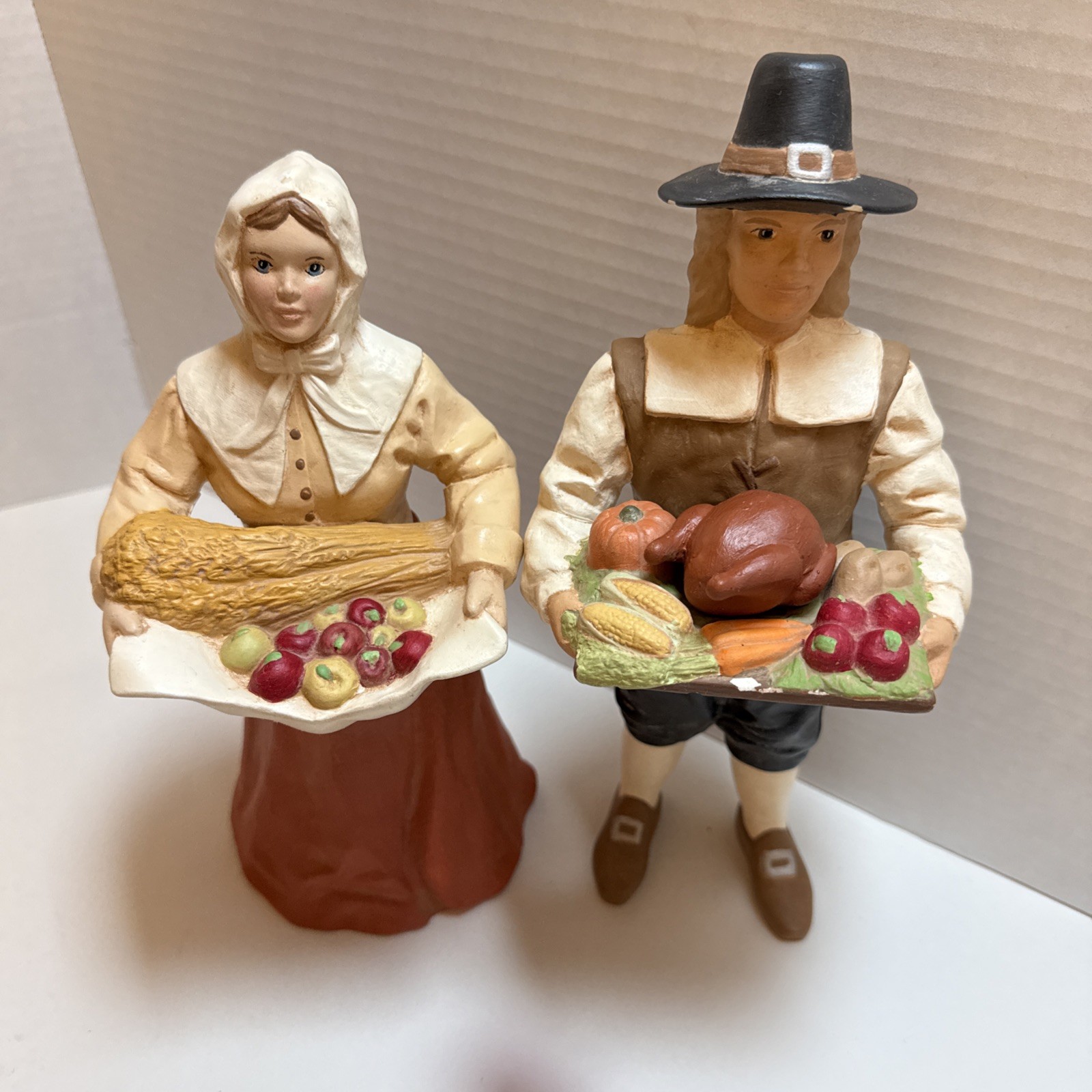 Vintage Pilgrim Thanksgiving Decor Painted Figurines 11″ Female 12″ -mid-1990s