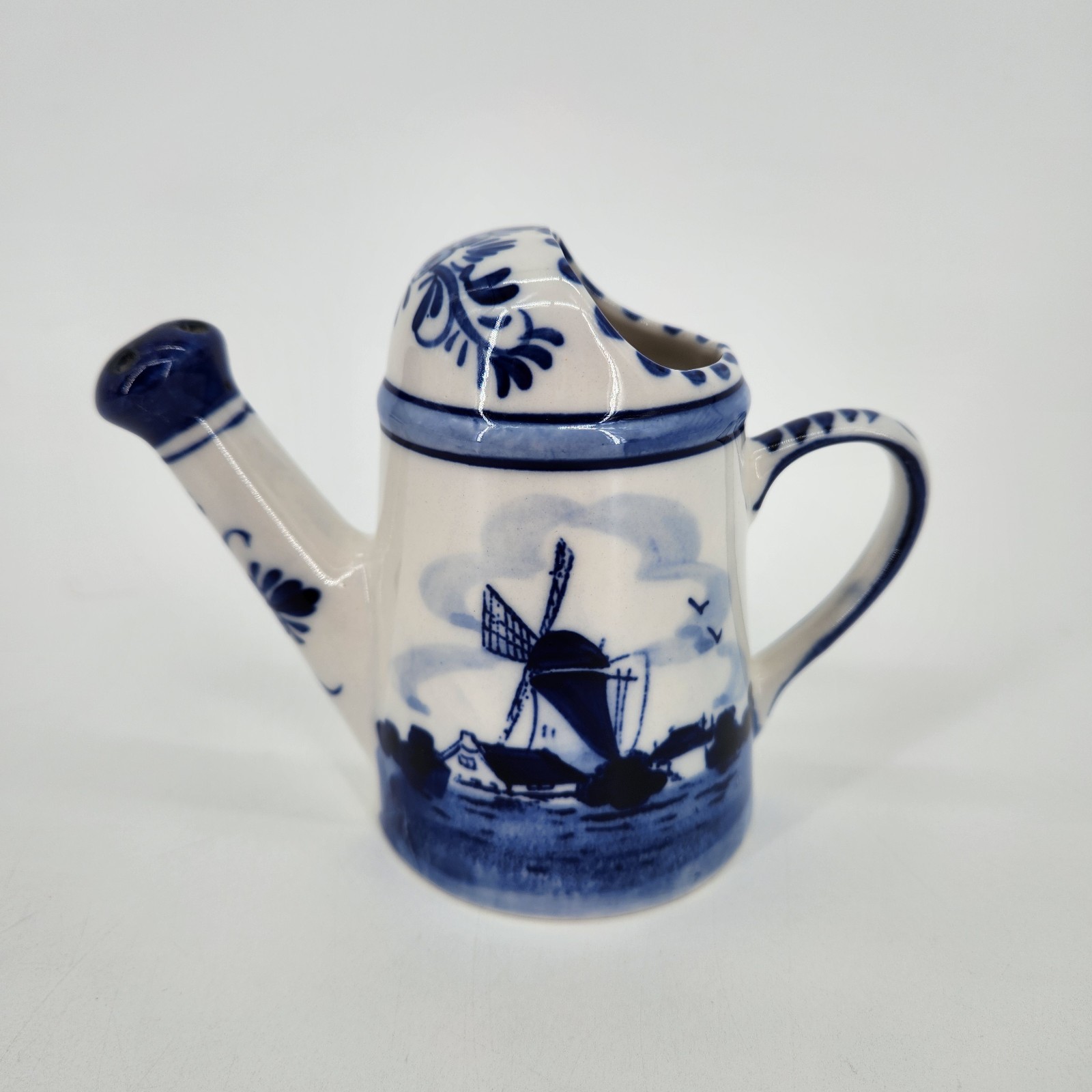 Vintage Delft Blue Windmill/flower Watering Can. Hand Painted Mini Ceramic.