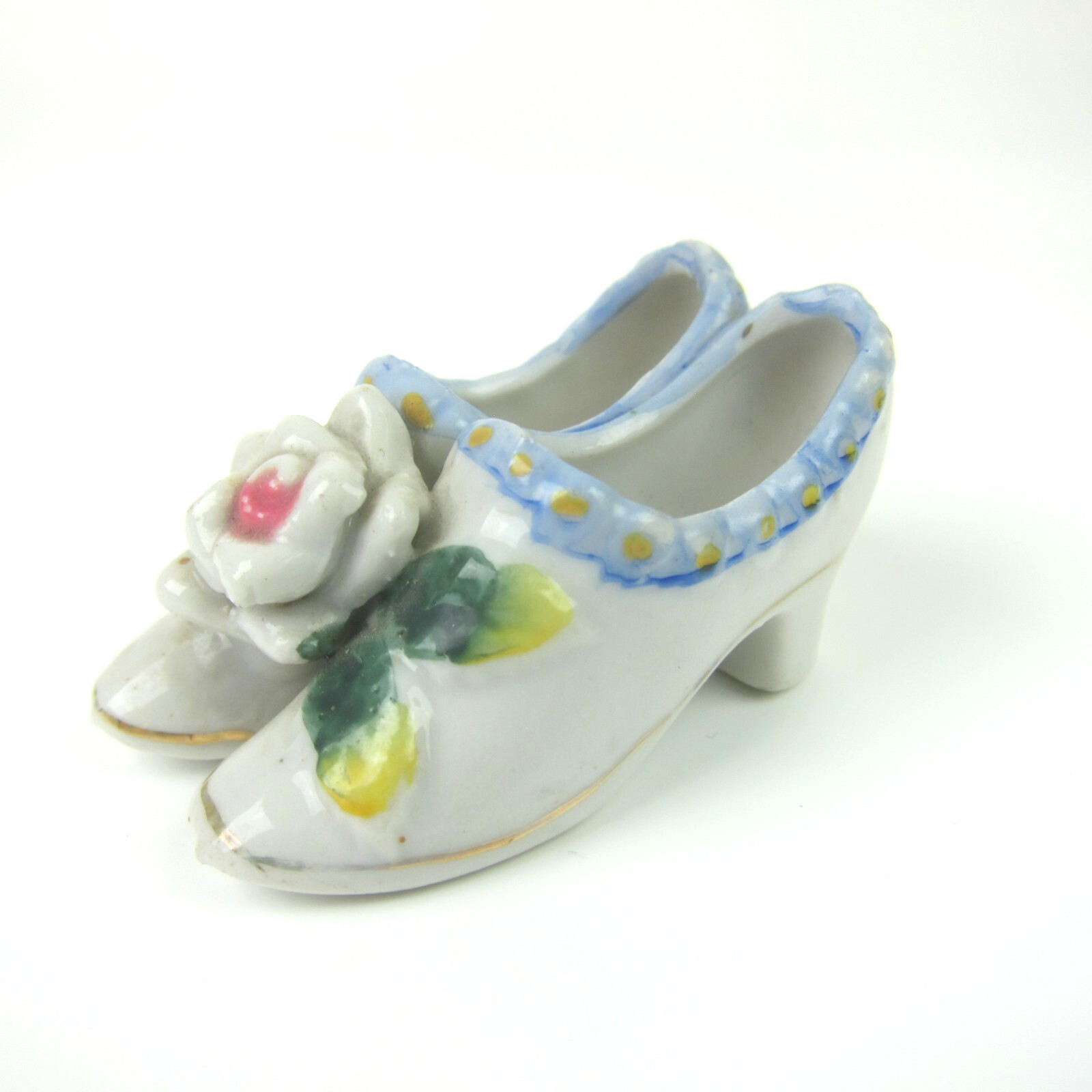 Vintage Ceramic Shoes Figurine Heels Flower Blue Pink Green Yellow Gold Japan