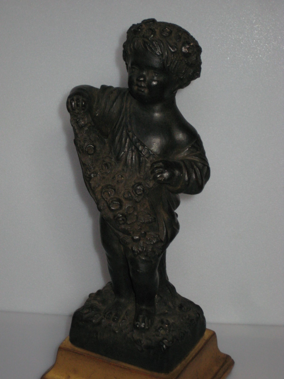Vintage Italian Borghese Black & Gold Plaster Cherub Putti Figurine c. 1930