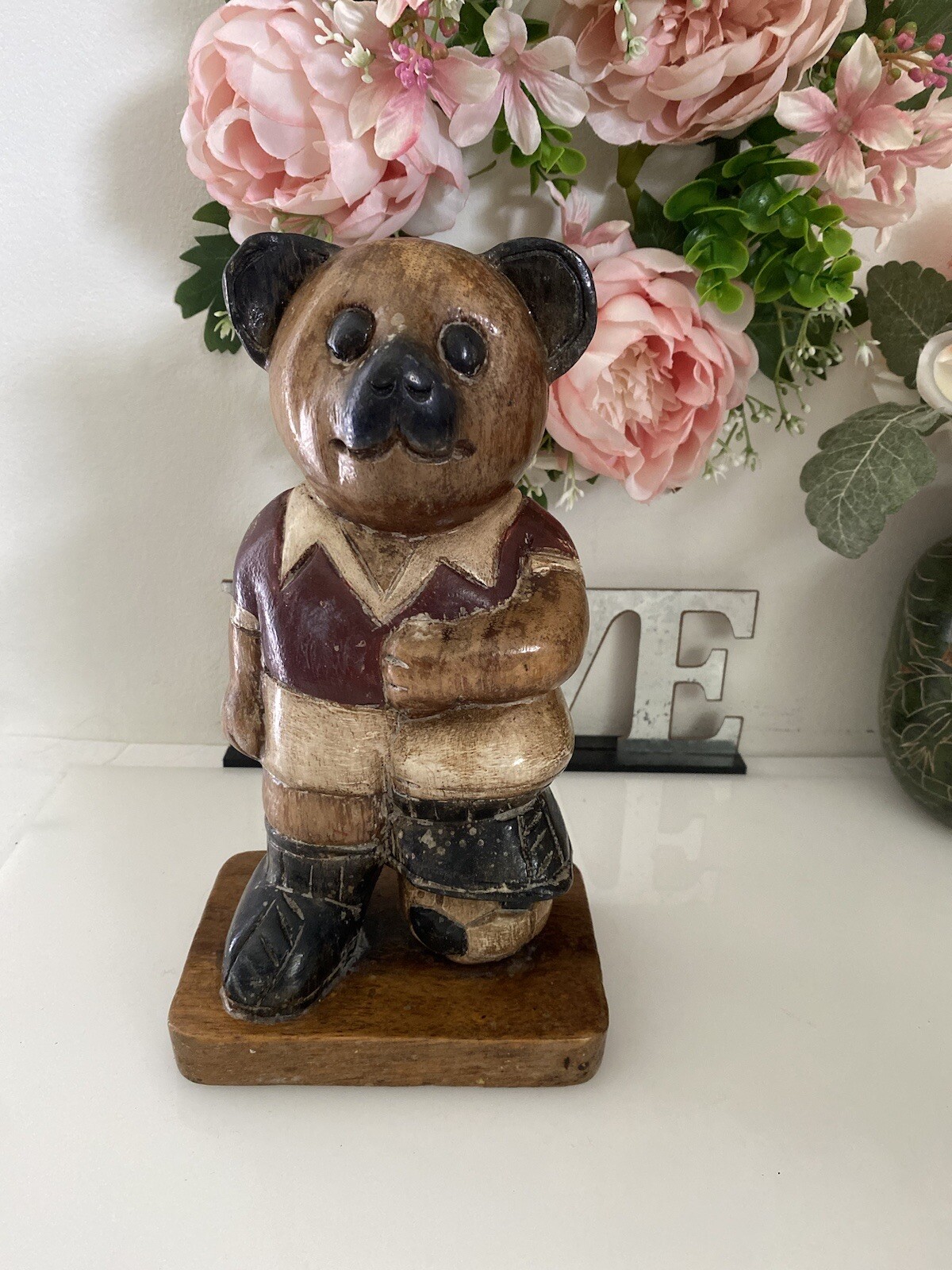 Wooden Bear Handmade Statue 10″ Soccer Teddy Bear Kids Room Vintage Figurine EUC