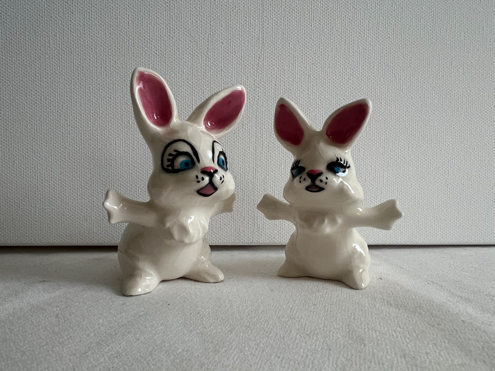 Vintage MCM Ceramic Bunny Figurines Set of 2 Anthropomorphic Kitsch Easter