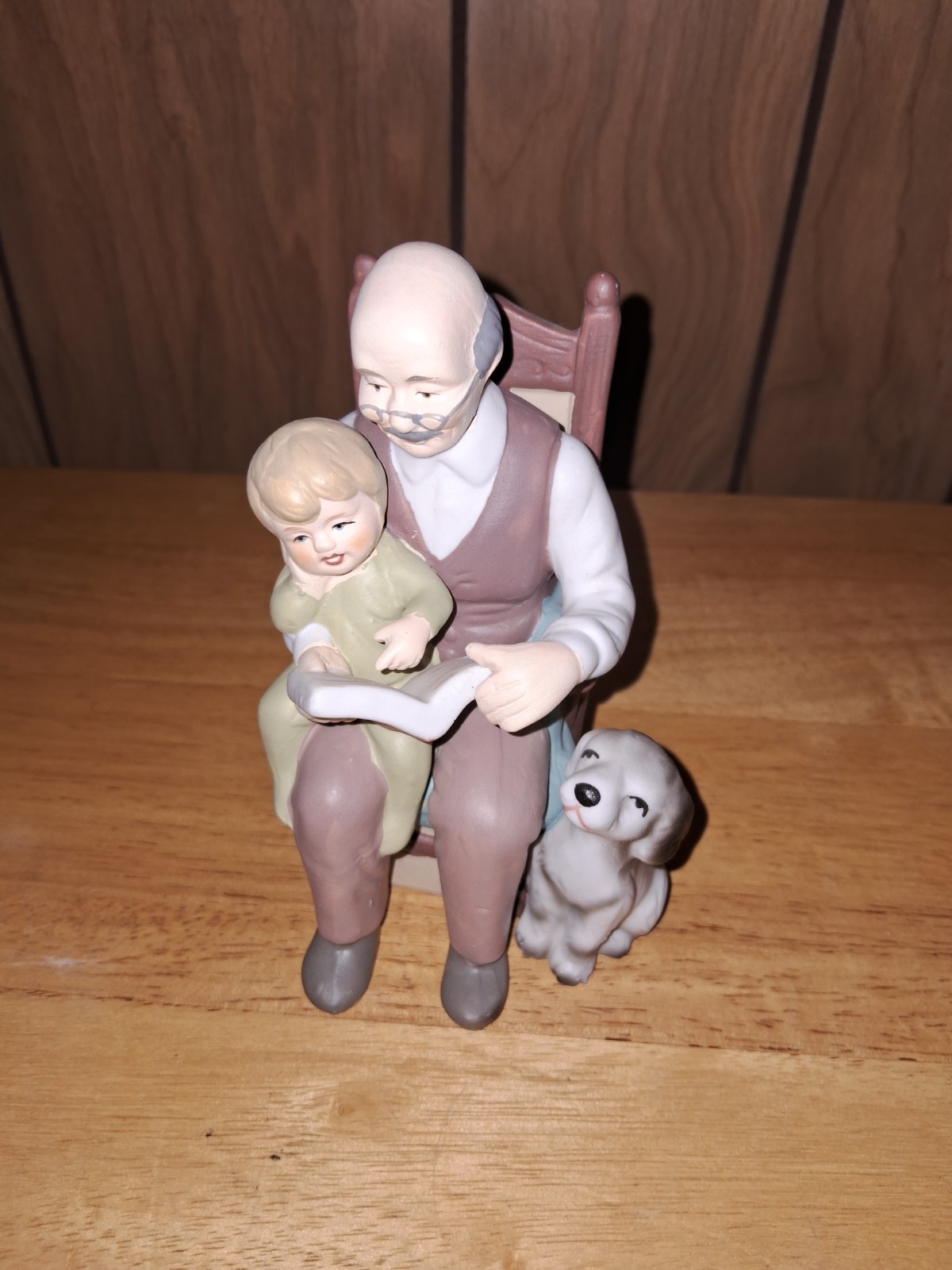 Vintage Grandpa Reading To Child W/Puppy