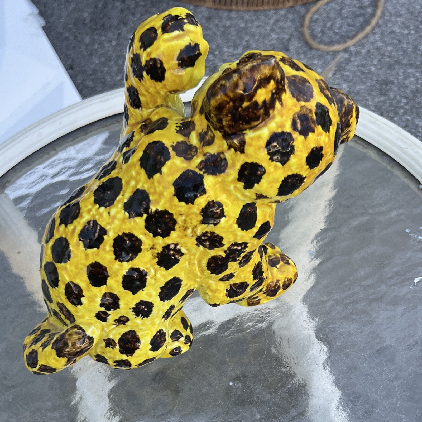 Vintage Ceramic Leopard Figurine Hand Painted Glazed Yellow Black Spotted Animal
