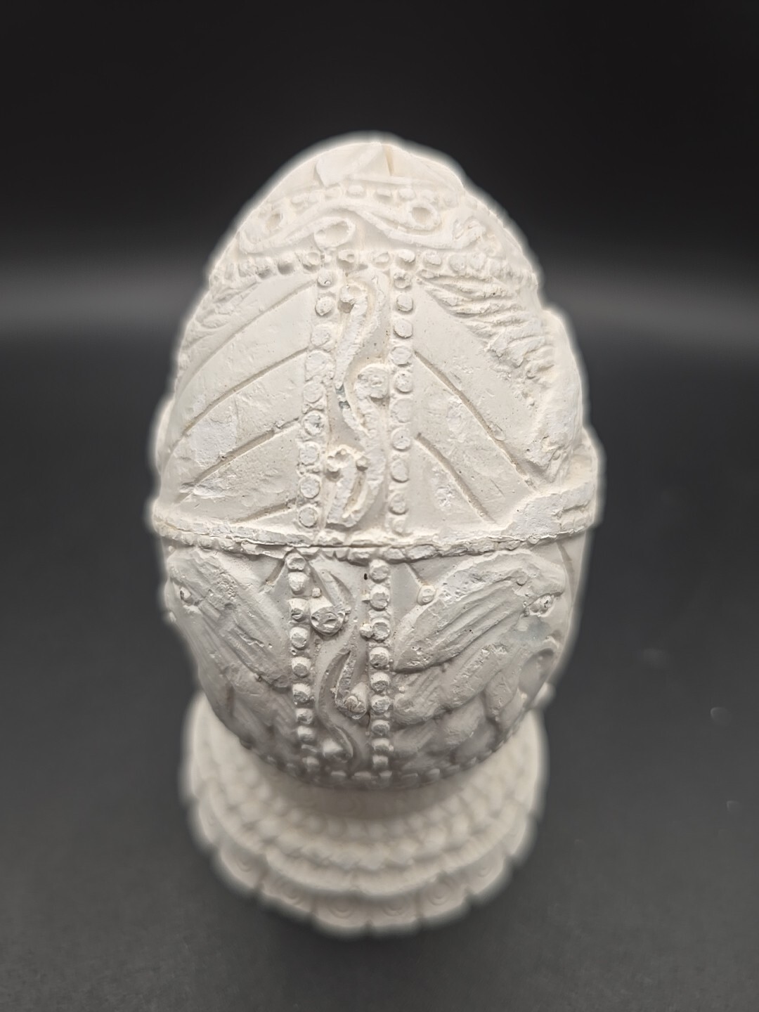 Carved White Chalk (like) Egg With Pedestal Eagles Solid 3.75″x2.25″