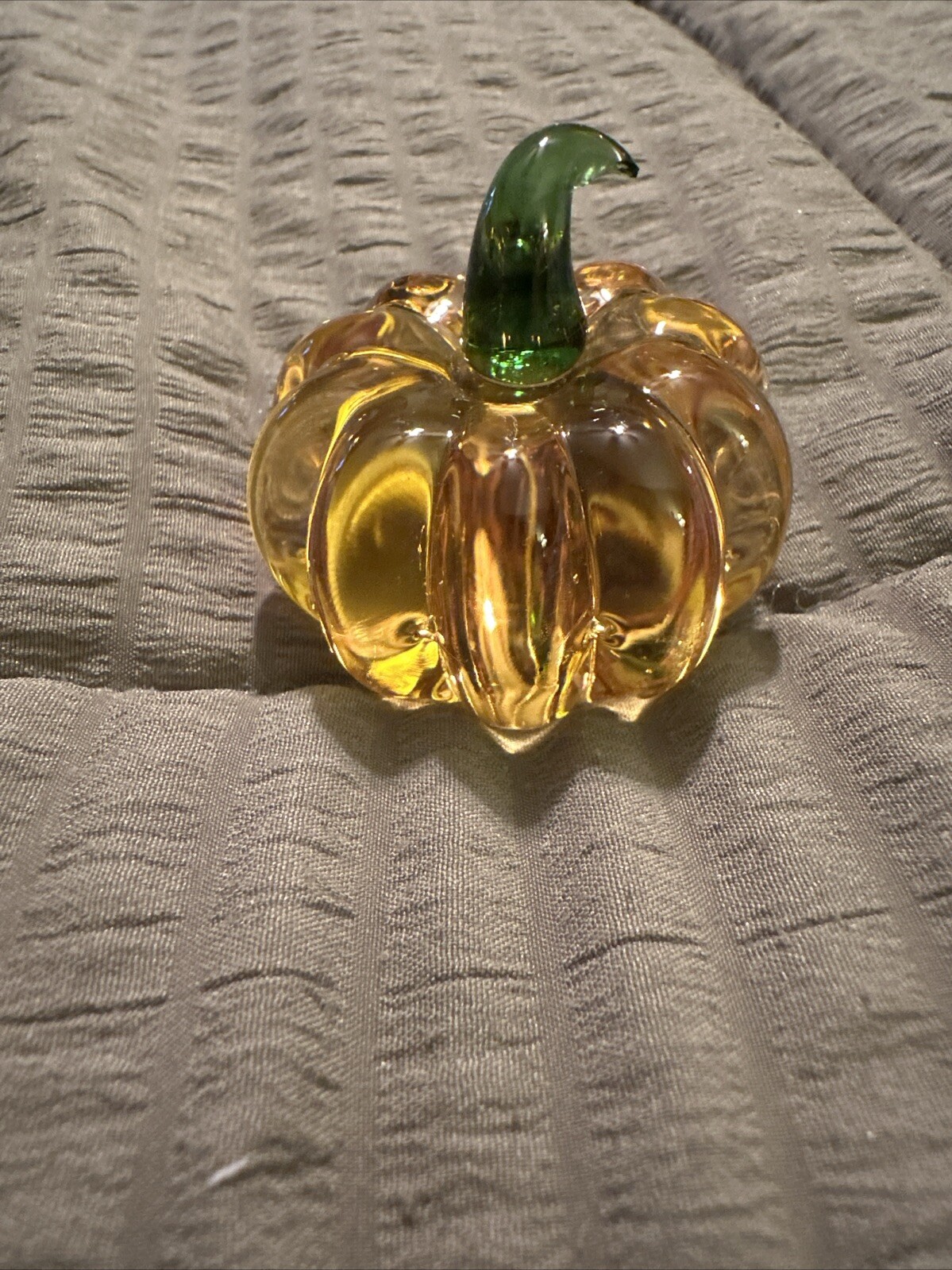 Orange Crafted Glass Pumpkin Figurine With Green Stem In Size 6”x2”x2”