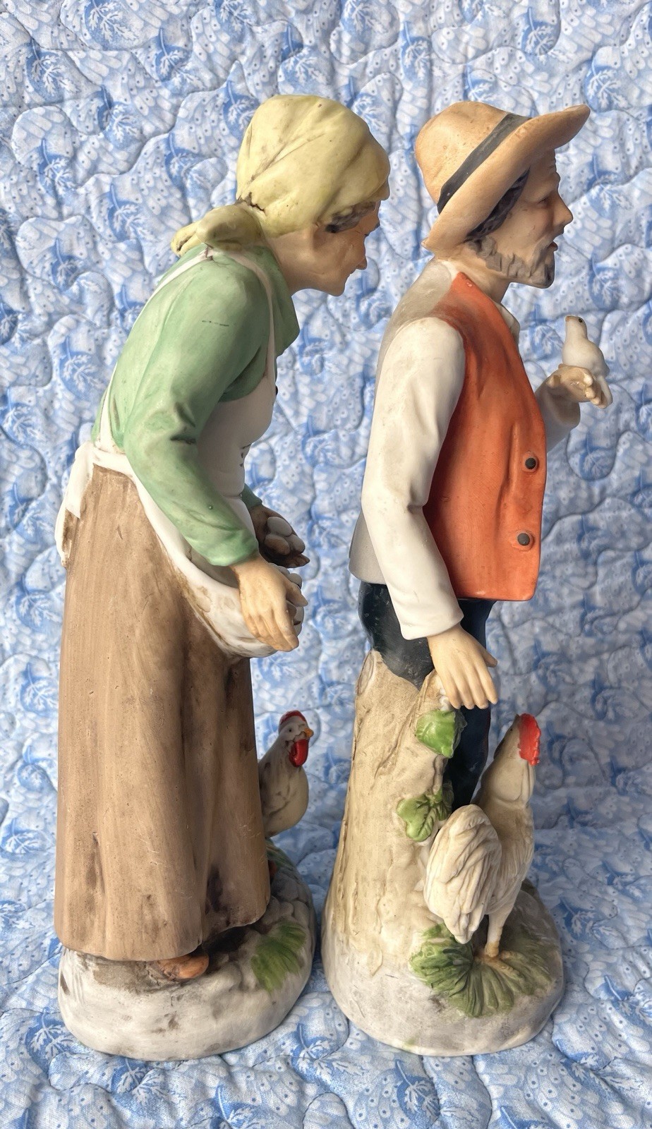 Chicken Farmer Porcelain Figurine Older Country Couple & Crop Of Birds