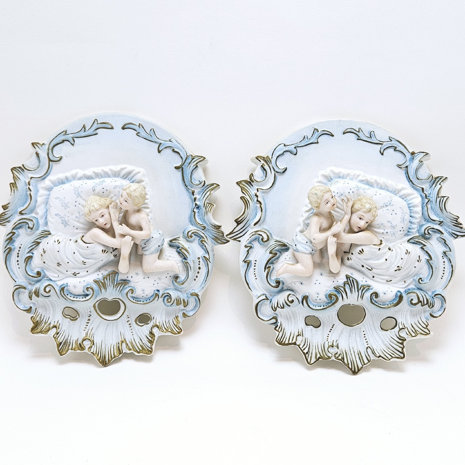 Vintage Mother & Baby Putti Boy Bisque Porcelain Victorian Wall Plaques (2)