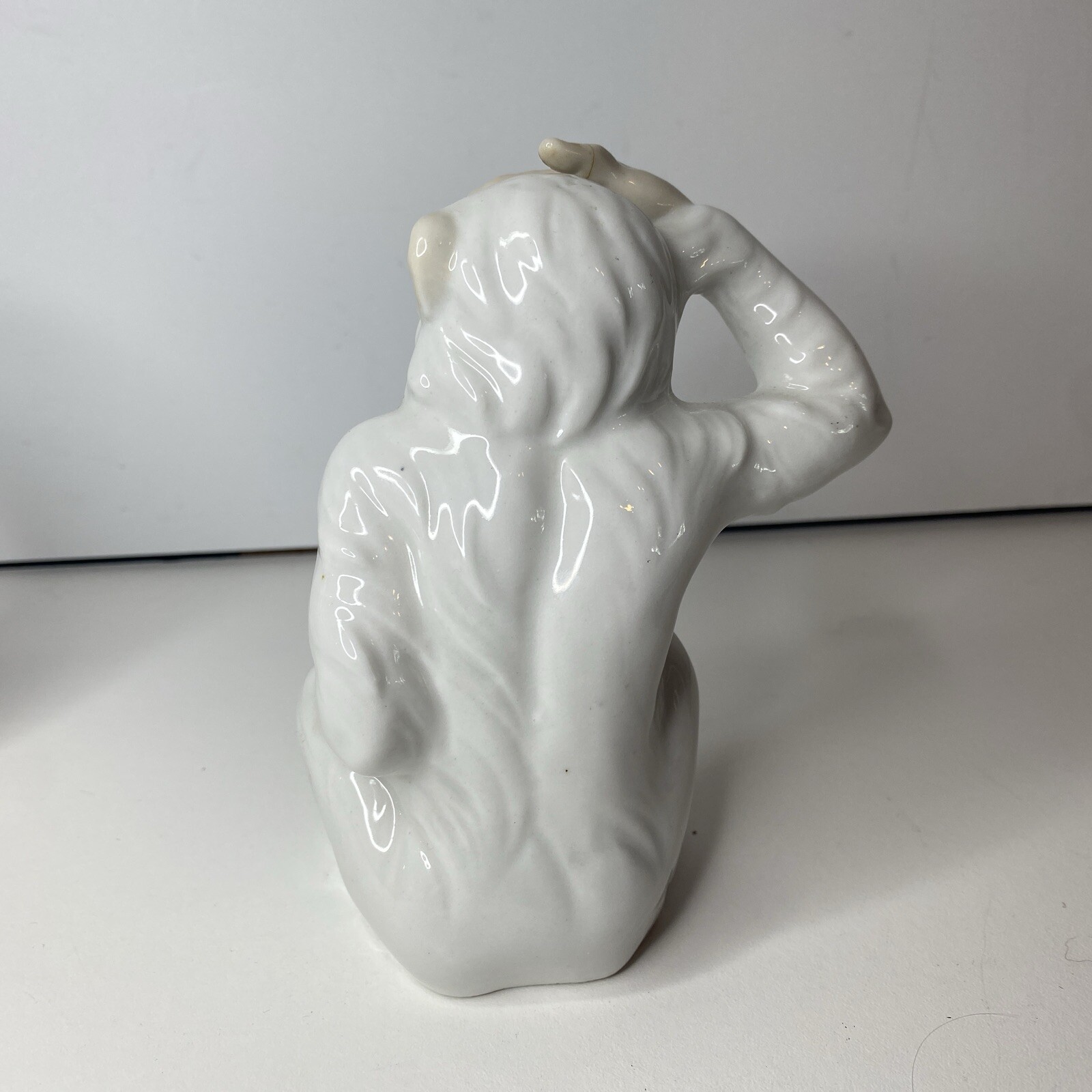 Vintage Tengra Monkey Figurine Porcelain 5 1/2” White Hand Painted 