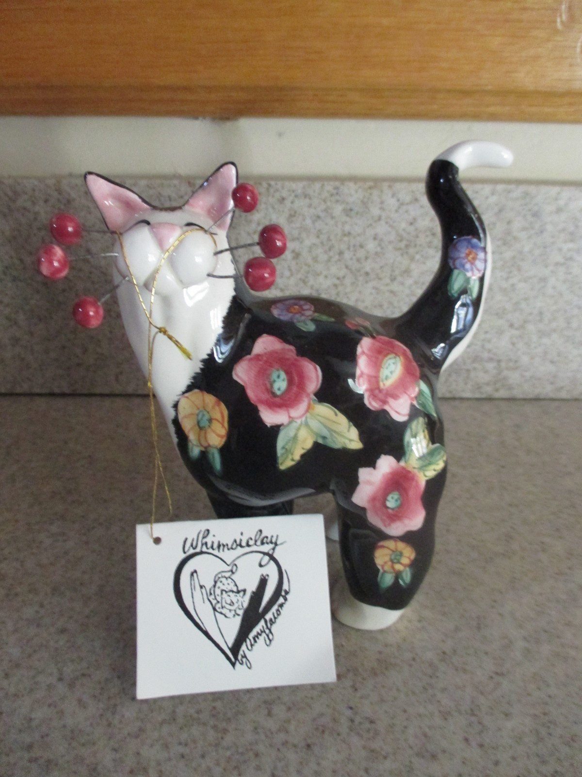 NWT Black Floral Whimsiclay Cat ~ Amy Lacombe 2002 Annaco Creations