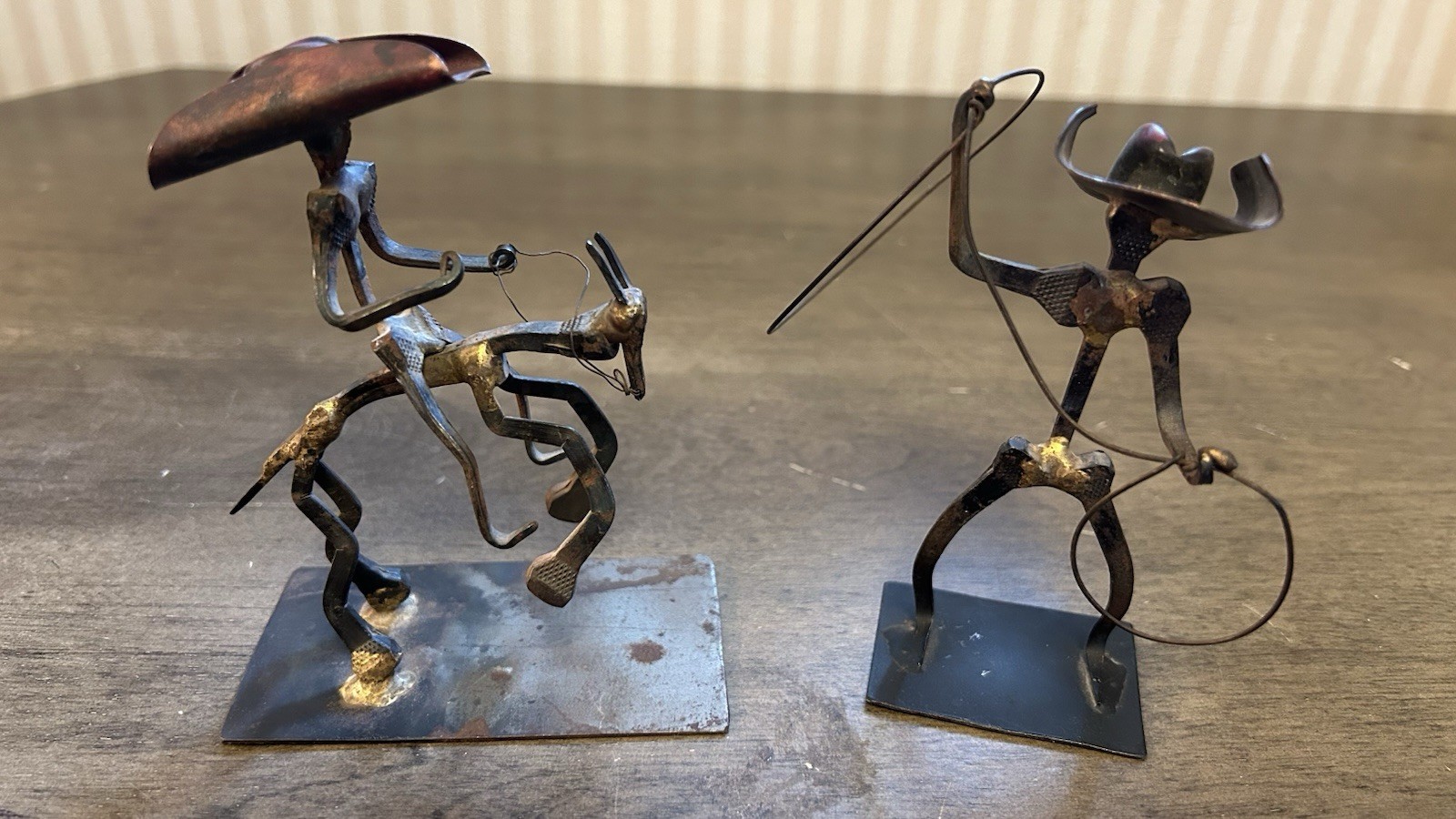 Lot Of 2 Vtg. Copper & Brass Metal Cowboy Figurines, Riding Horse & Lasso 5”