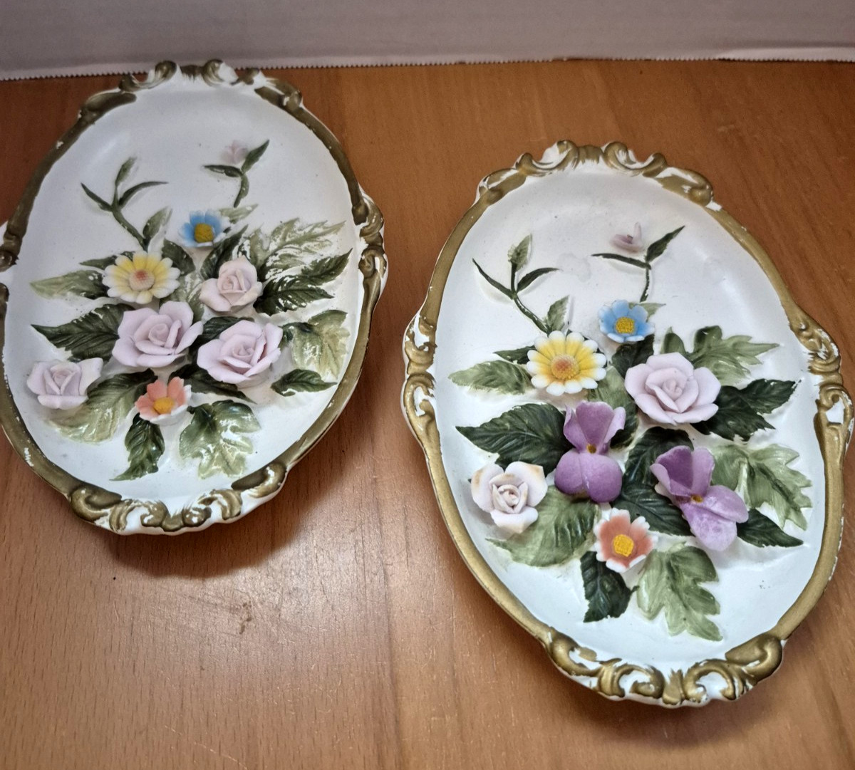 Vtg Lefton Japan 3D Floral Wall Plaques Ceramic/Porcelain Numbered Set Of 2 Read