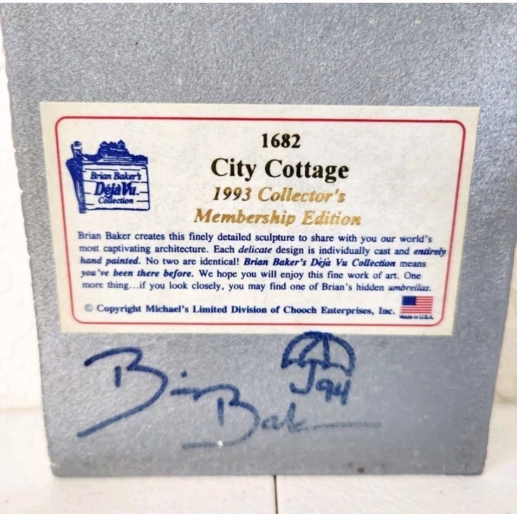 Brian Baker’s Vintage Deja Vu Collection #1682 City Cottage, Autographed, COA
